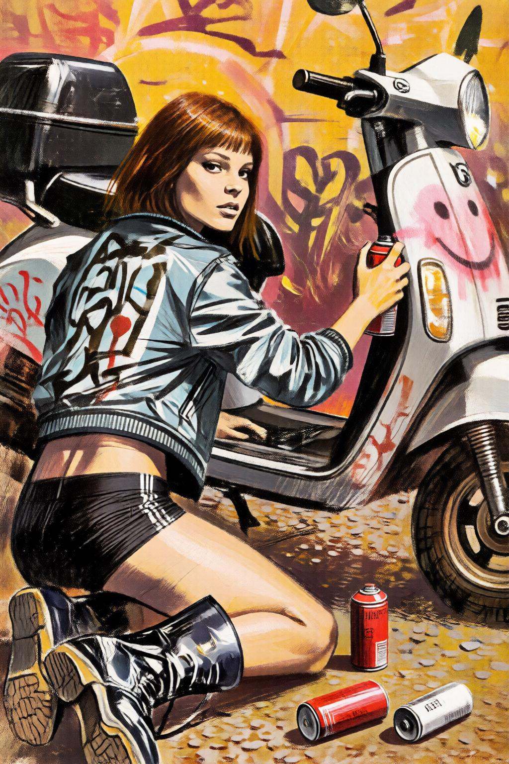 giannirenna2q illustration. A young woman wearing a jacket with a large graphic on the back,  and black shorts with variou...