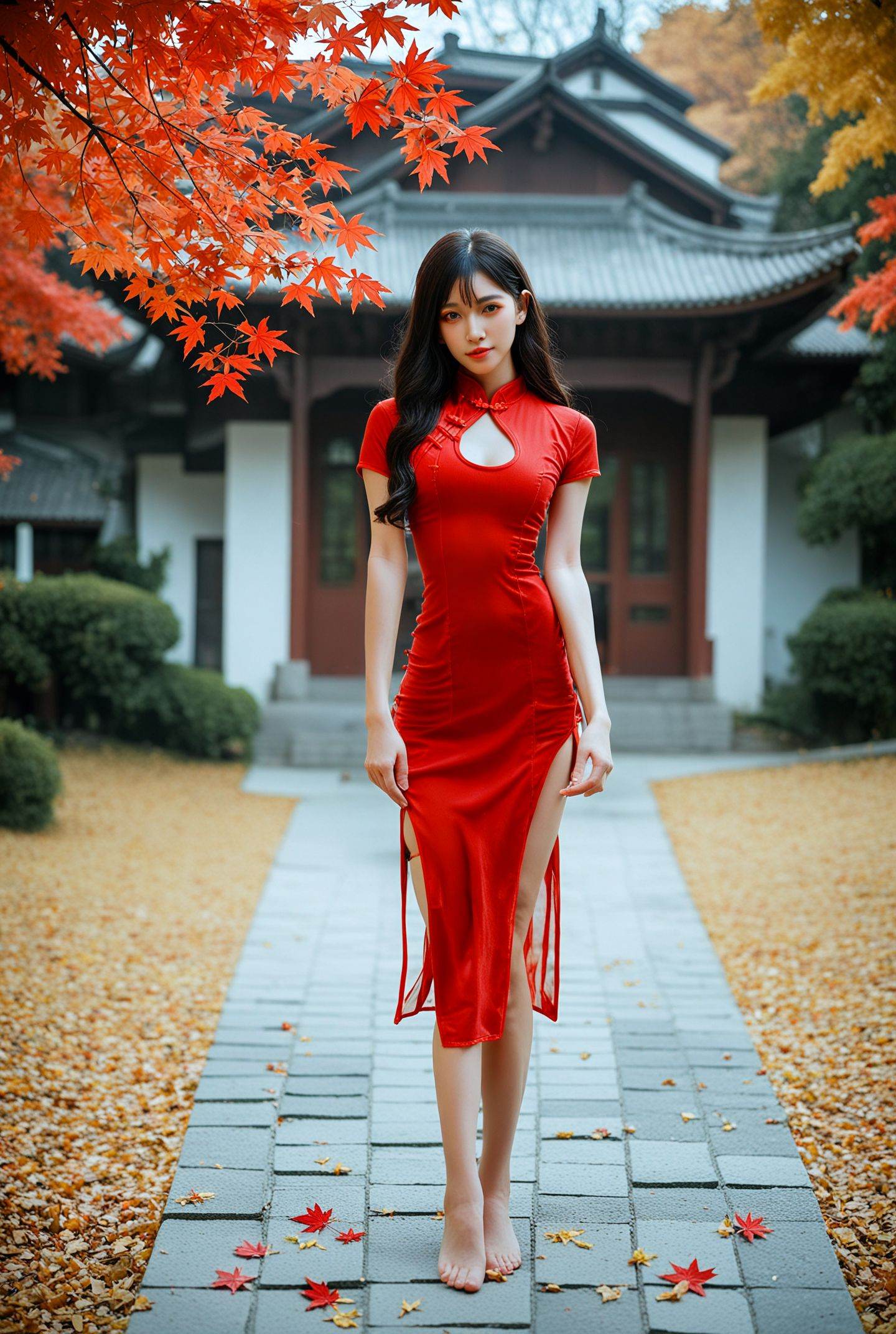 (score_9,score_8_up,score_7_up,score_6),qipao,simple,(blurry background:1.1),blurry,(blurry foreground:1.1),1girl,solo,red qipao,full body,asian architecture,black hair,standing,outdoors,autumn,red autumn leaves,red leaf,maple leaf,tree,looking at viewer,long hair,barefoot,