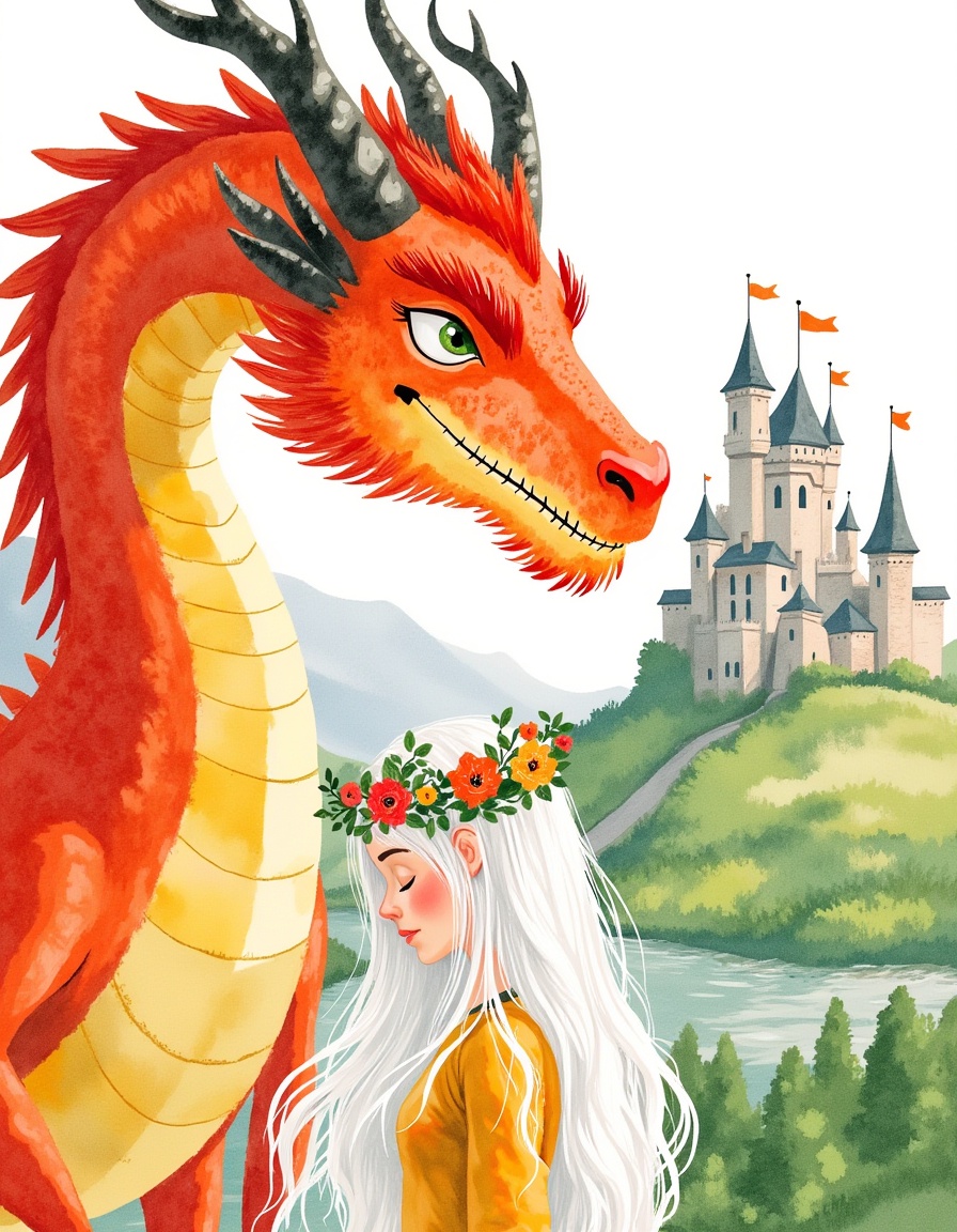 a white-haired young woman wearing a flower crown,  a very large fiery dragon,  castle in the background on Tensor.Art