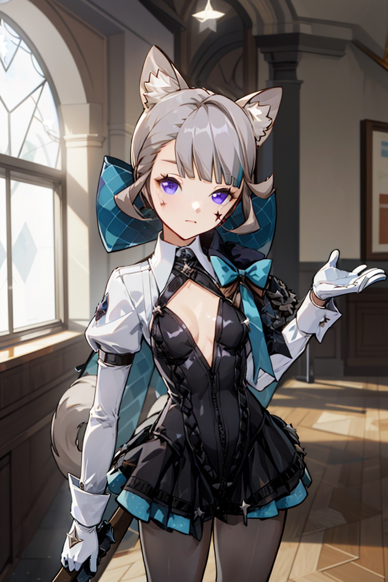 (best quality),<lora:Lynette:1>,1girl,solo,(five-pointed star on the left face),tail,cat ears,cleavage,collared shirt,white shirt,purple eyes,long sleeves,small_breasts,short hair,closed mouth,bangs,grey hair,black skinny dress,miniskirt,pleated skirt,black pantyhose,hair bow,cleavage cutout,white gloves,(looking at viewer),standing,indoors,
