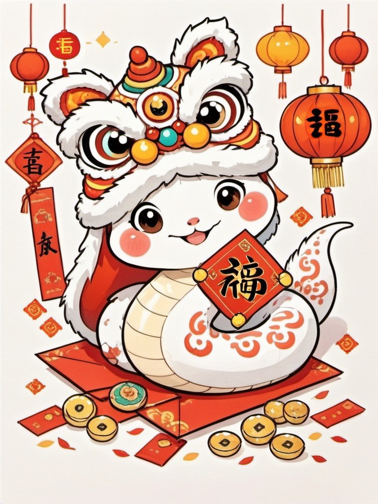 A cute, round white snake with red and orange markings wears a traditional Chinese lion mask with large expressive eyes and a smirk. It holds a red envelope with Chinese characters written on it. Around it, hung lanterns, a gold coin, and a bunch of other holiday baubles. The background is pure white, making the dragons and decorations pop in bright reds and oranges. The style is simple and playful, with bold lines and minimal details, nailed to the traditional Chinese New Year atmosphere.,<lora:she_v1:0.8>