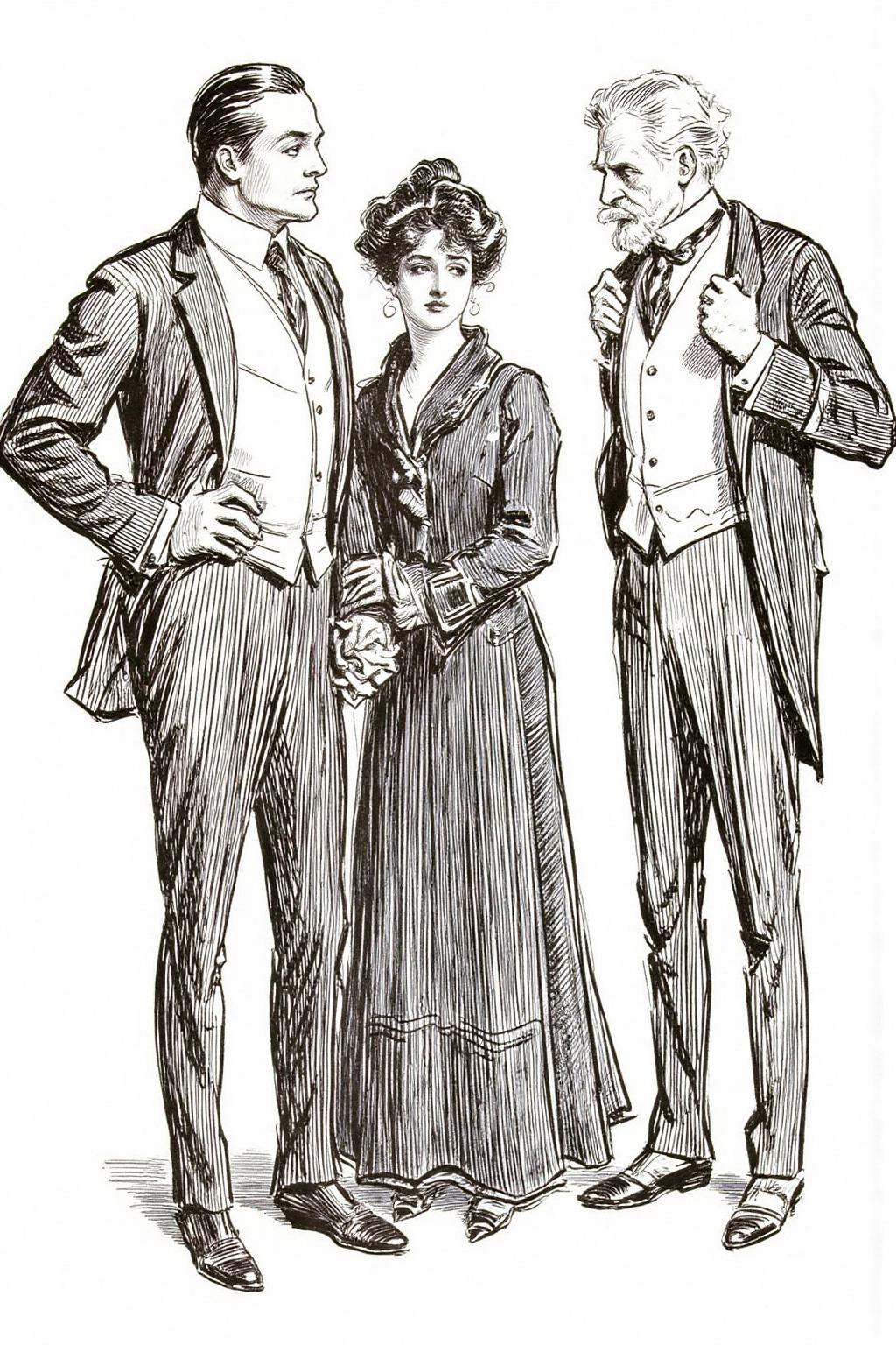 charlesdgibson1 illustration.The image depicts two men and a woman,  all dressed in formal attire. On the left,  a tall yo...