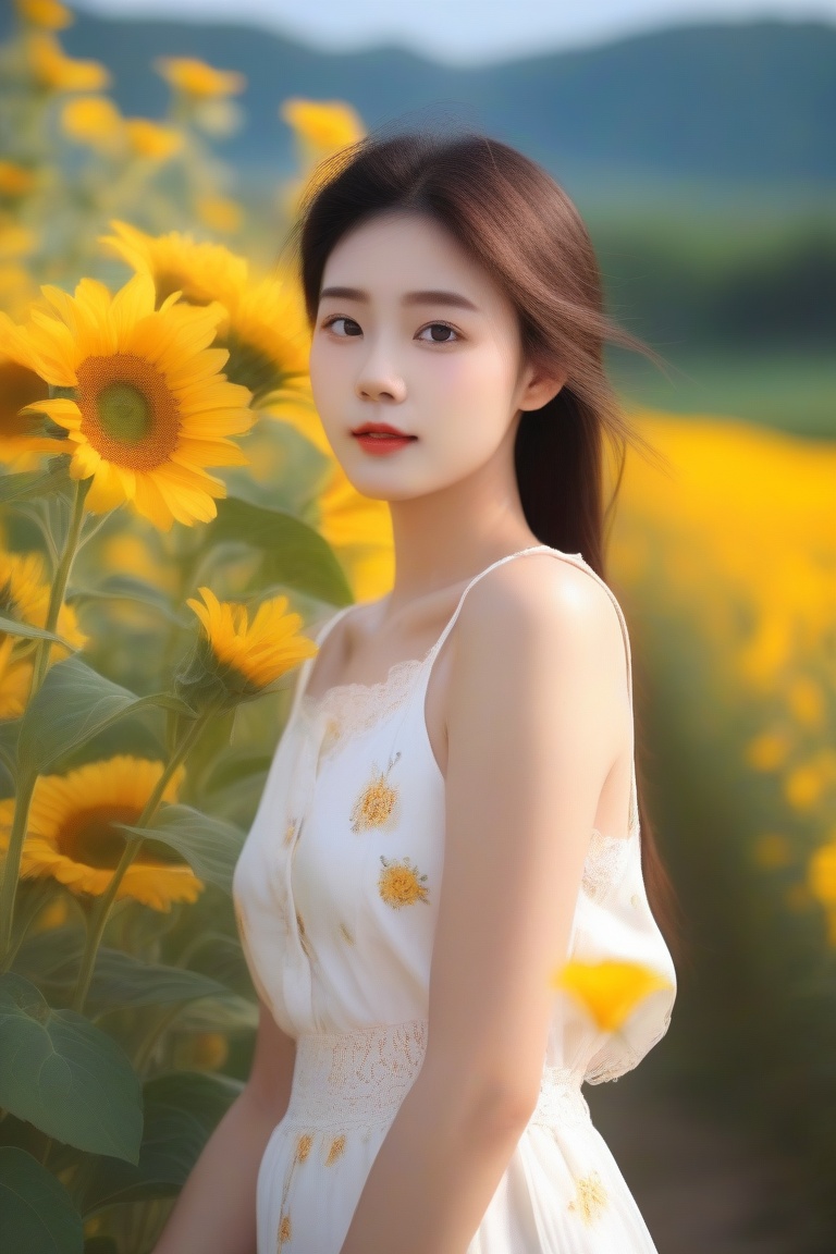 (mature body), (upper body:1.5), nikon RAW photo,8 k, Fujifilm XT3,masterpiece, best quality, realistic, photorealistic, ultra detailed, extremely detailed face, solo,1girl, standing, fashionable and trendy atmosphere, and a stylish expression on her face, full body, (narrow waist), white dress on field of sun flowers,,<lora:models/636/58b32527-05.safetensors:0.8:0.8>