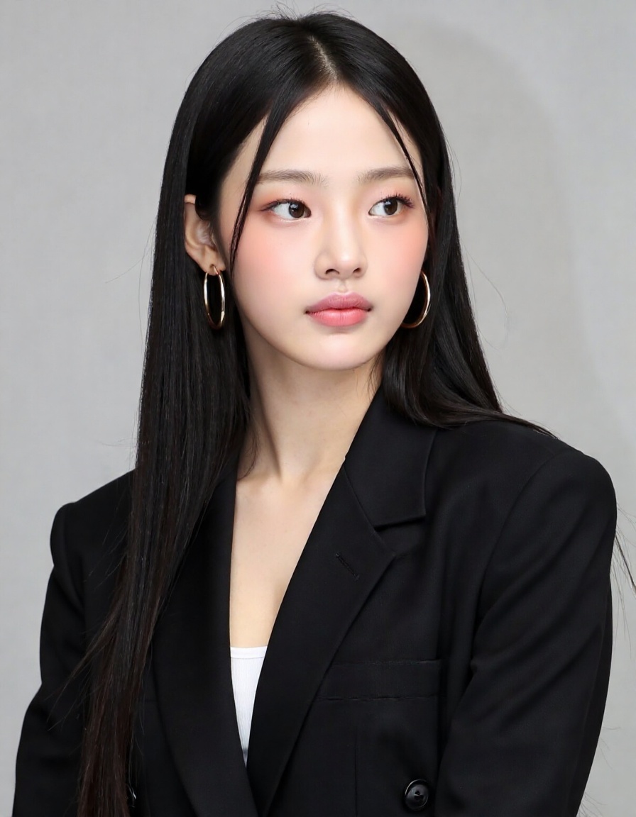 Generate an image of a young woman with long,  straight,  sleek black hair. She is wearing a sophisticated black blazer on...
