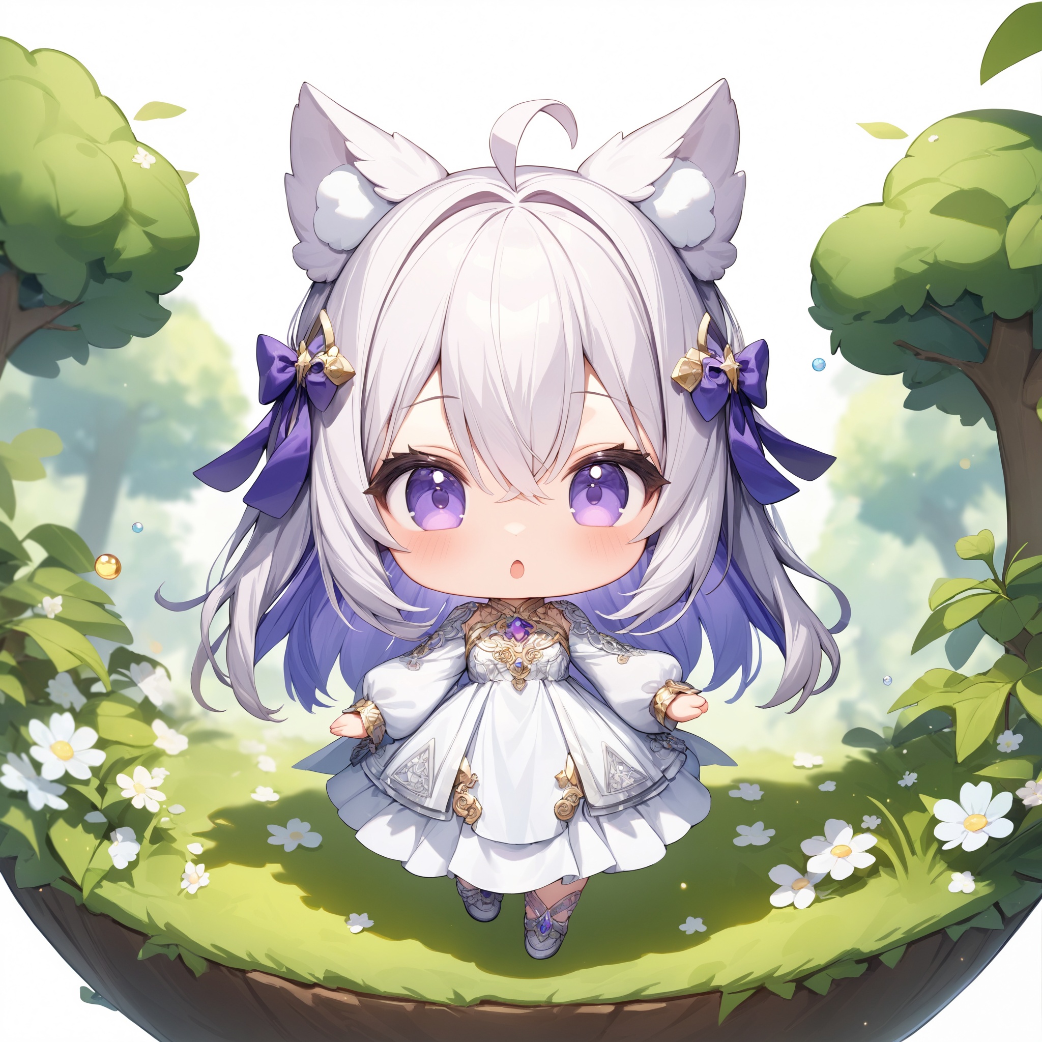 Full body shot. Cinematic angle. A very cute girl. Chibi. Neutral expression. :o. Cute pose. Looking at viewer. . Detailed...