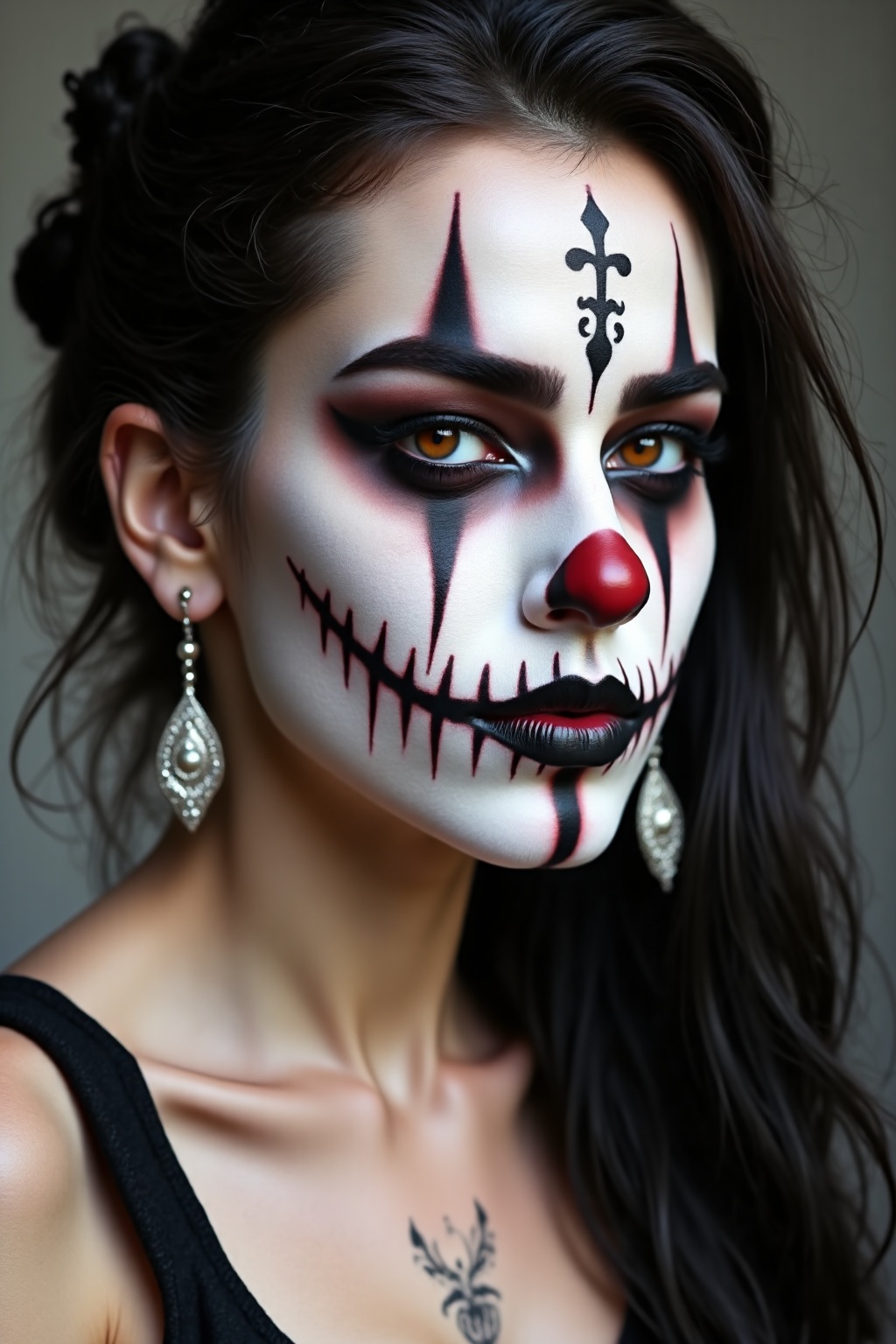 pr3ttyh0rr0r. beautiful woman with pr3ttyh0rr0r makeup with vertical eye makeup,  white face,  black lips on Tensor.Art