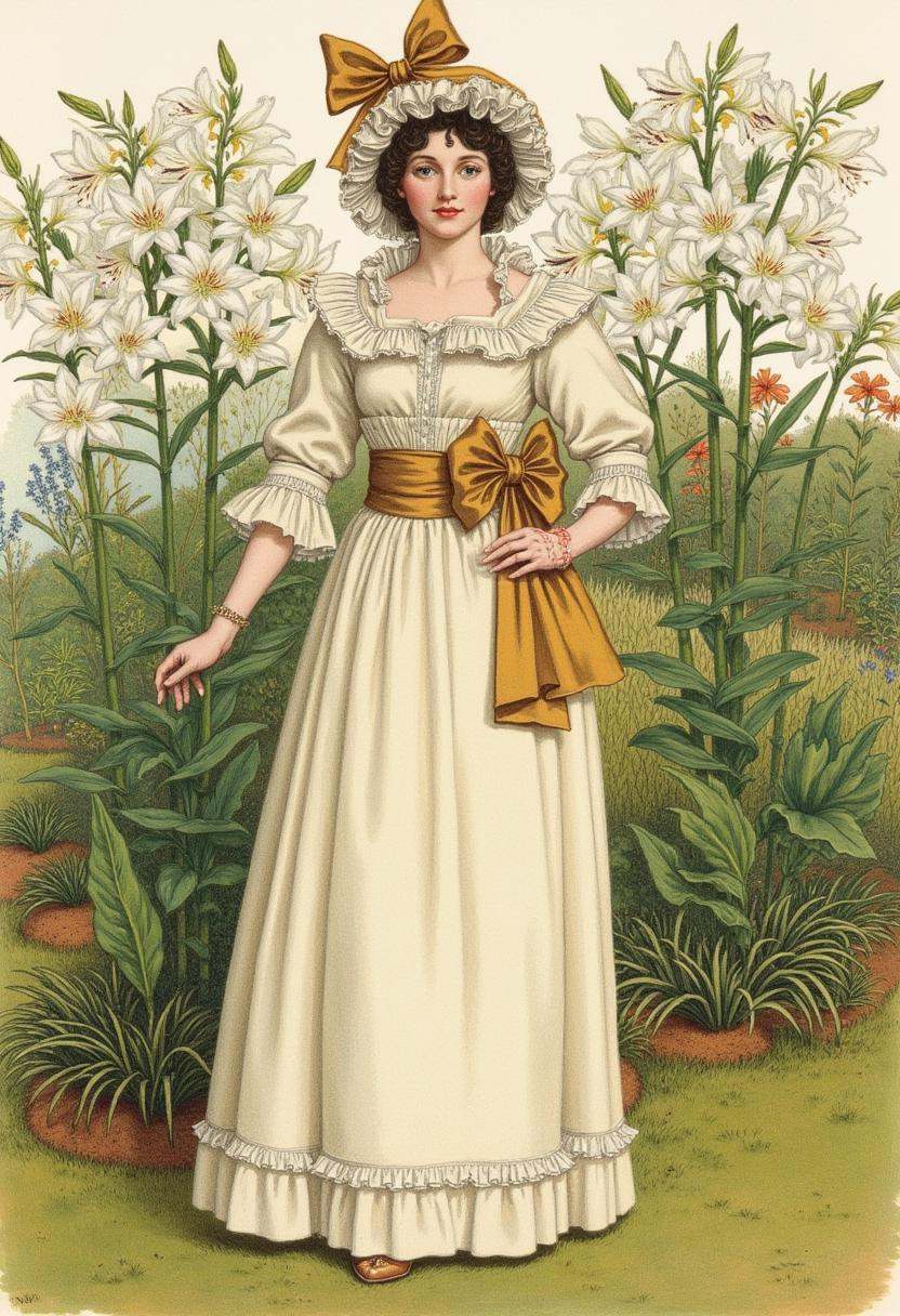 Charming Victorian watercolor painting,  by Kate Greenaway. Features woman in a frilly,  cream-colored dress with ruffled...