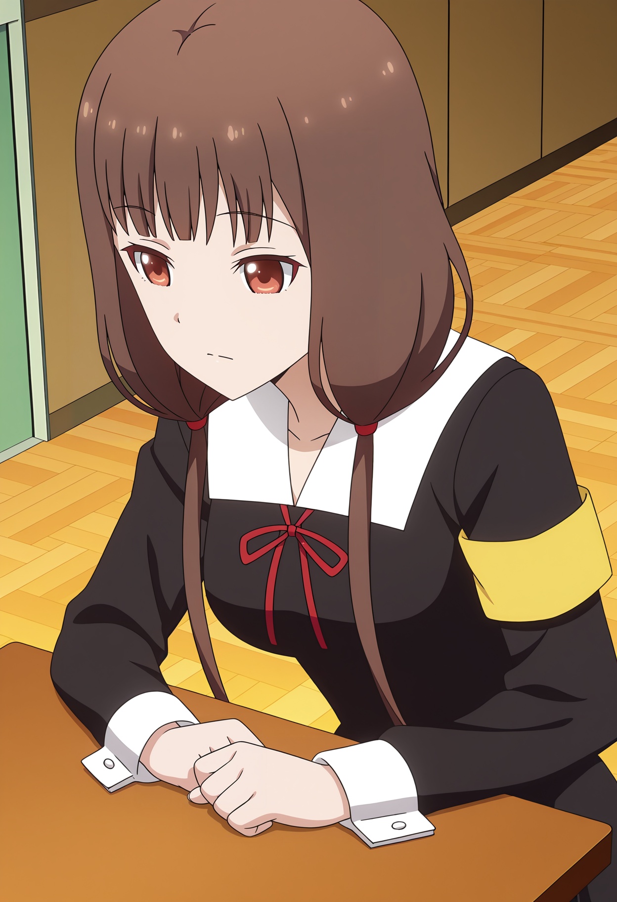 <lora:Iino Miko_illustrious-000010:1>,Iino Miko,1girl,solo,school uniform,red ribbon,armband,long sleeves,closed mouth,ribbon,dress,black dress,upper body,table,anime screencap,