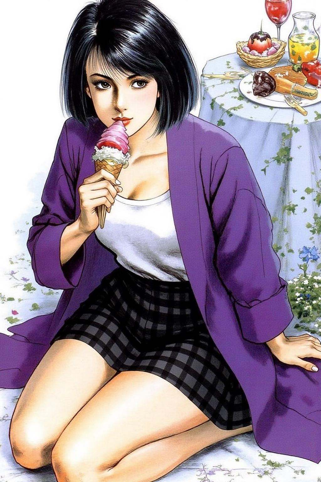 1keryo illustration. A woman,  sitting on the ground eating ice cream. She is wearing a purple cardigan and black checkere...