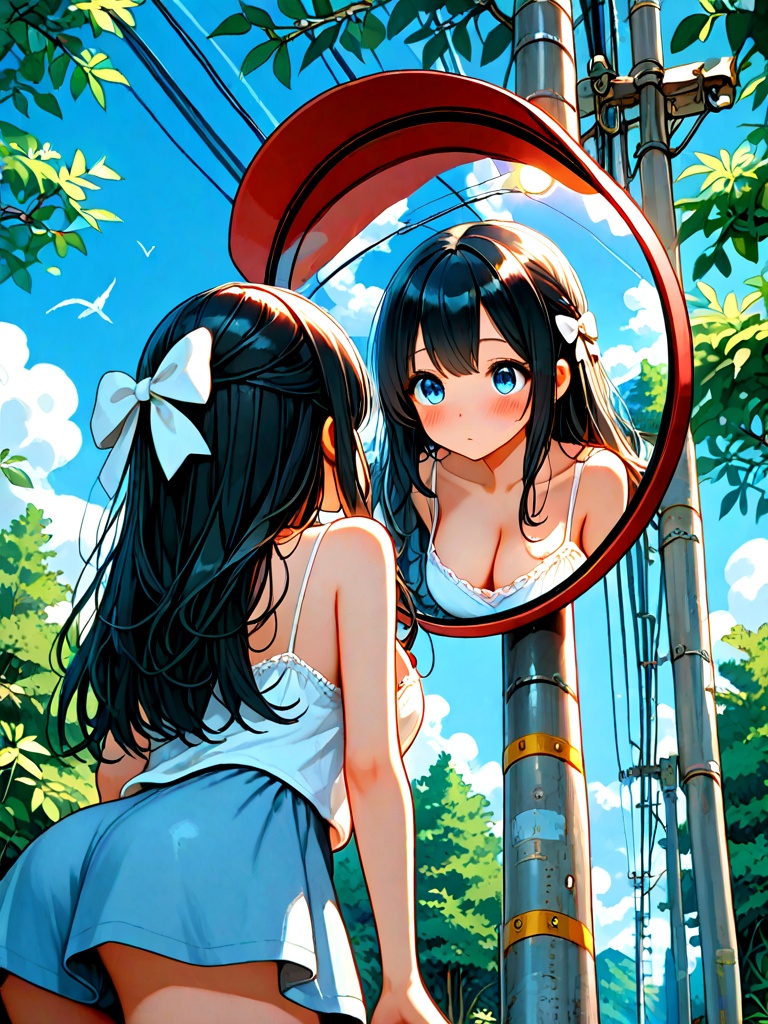 convex mirror,  traffic mirror,  utility pole on Tensor.Art