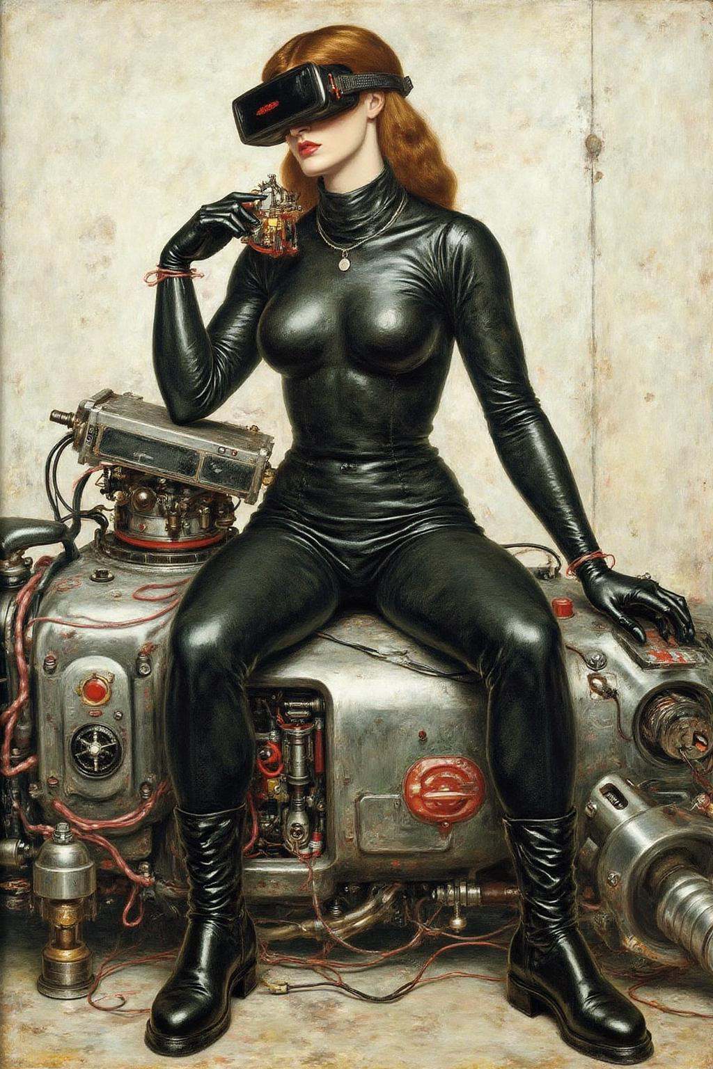 dgr painting.A striking,  futuristic scene depicts a woman dressed in sleek,  form-fitting leather attire on Tensor.Art