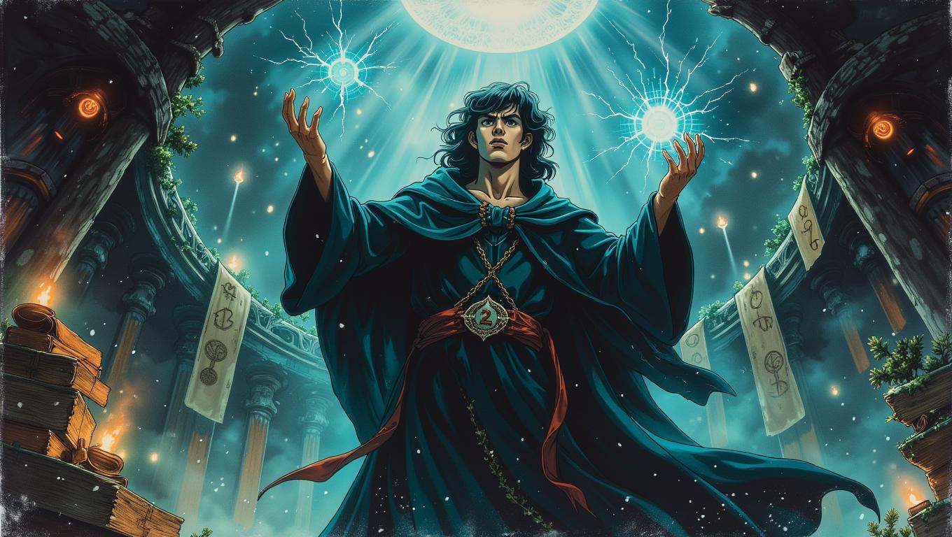 A powerful sorcerer,  draped in dark,  flowing robes on Tensor.Art