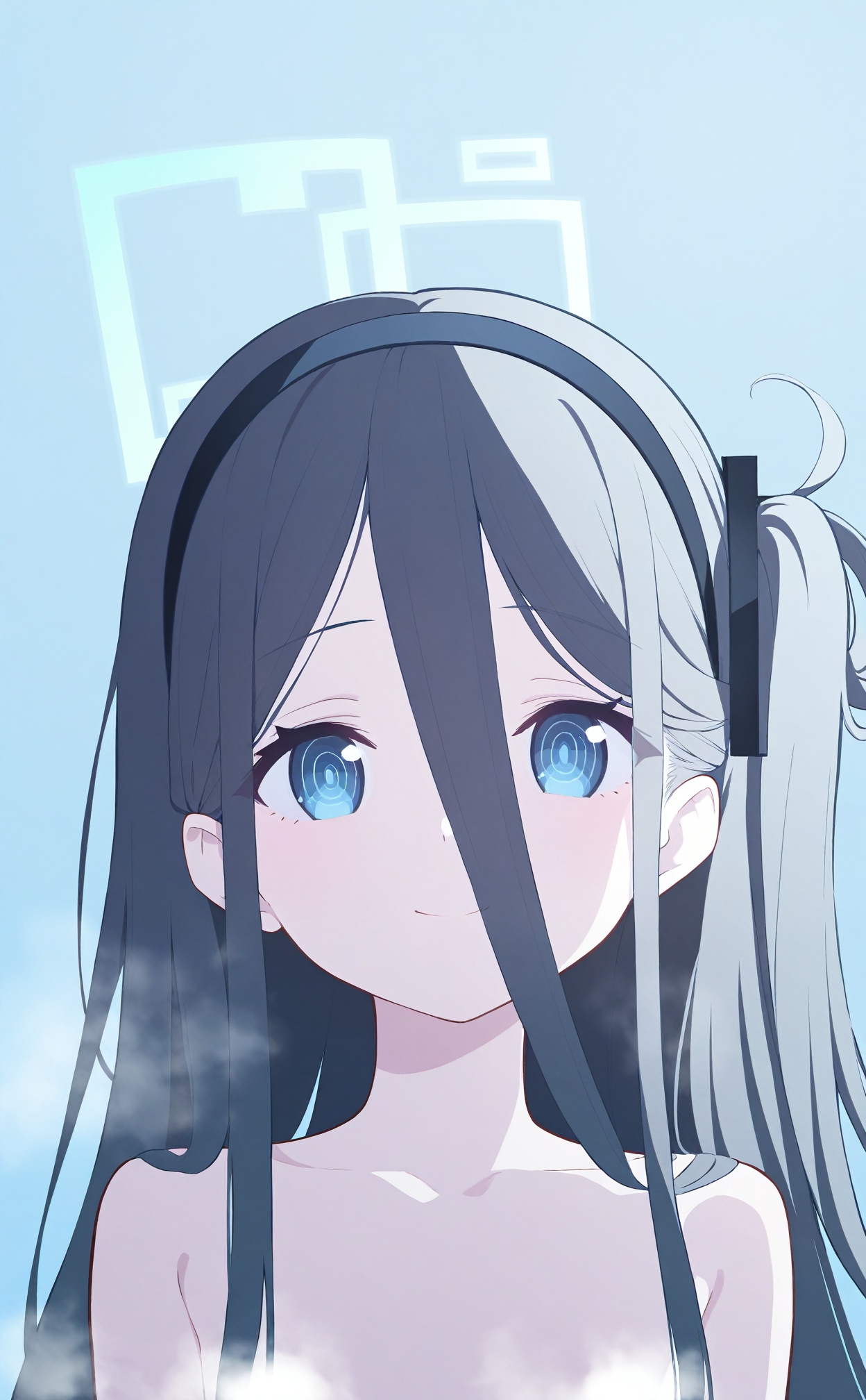 masterpiece,best quality,high quality,loli,steam censor,1girl, solo, aris \(blue archive\), halo, long hair, blue eyes, black hair, smile, looking at viewer, blue background, nude, hair between eyes, collarbone, hairband, simple background, ringed eyes, upper body, closed mouth, one side up, head tilt, black hairband, completely nude