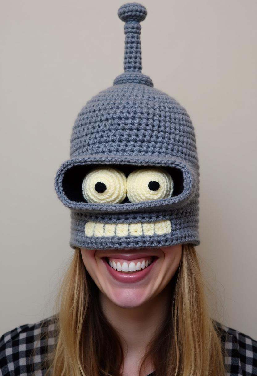 The image is a photograph featuring a person wearing a creative,  grey,  crocheted mask that resembles the character Bende...