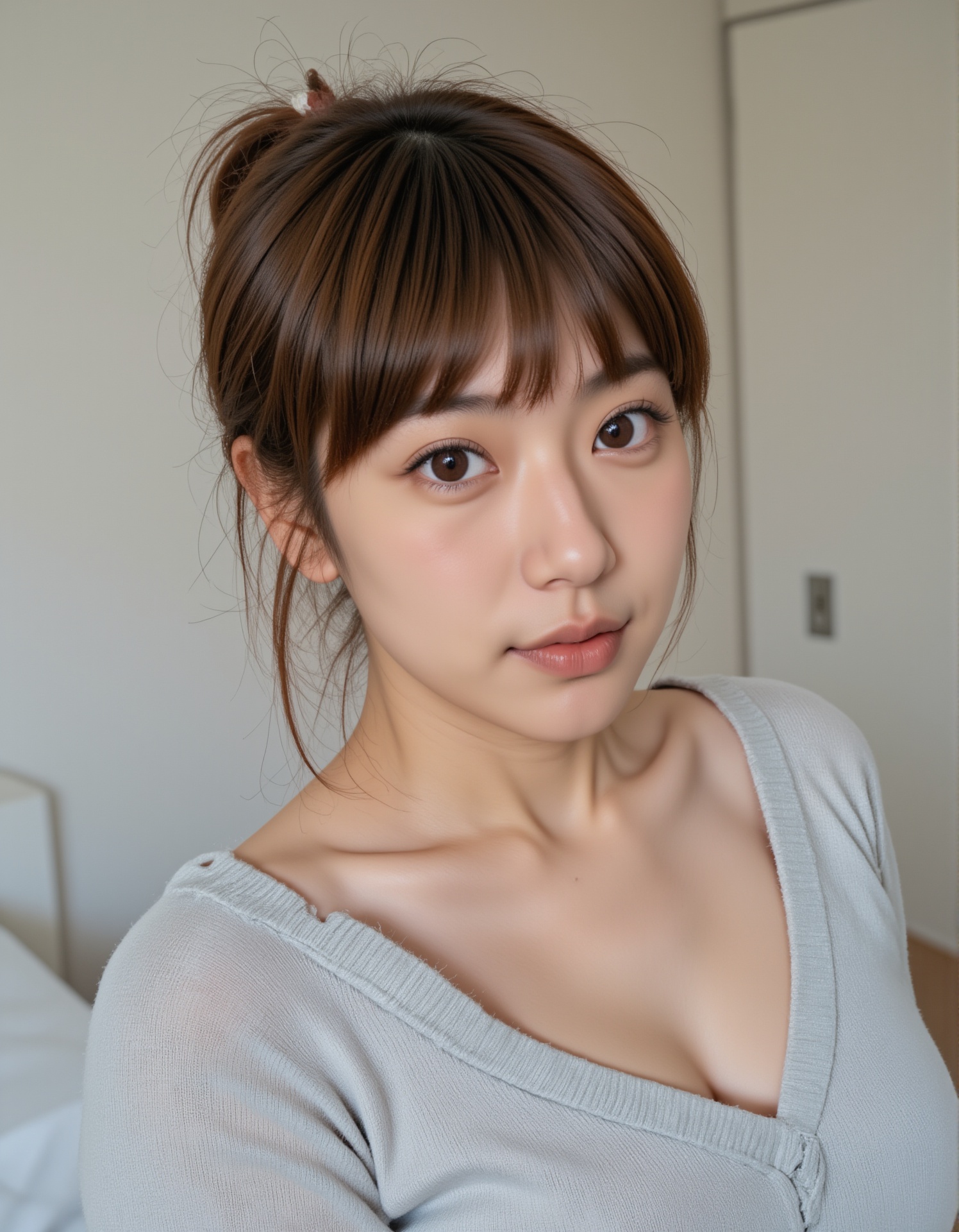 A young woman with fair skin and long,  straight brown hair styled in a loose ponytail with some strands framing her face....