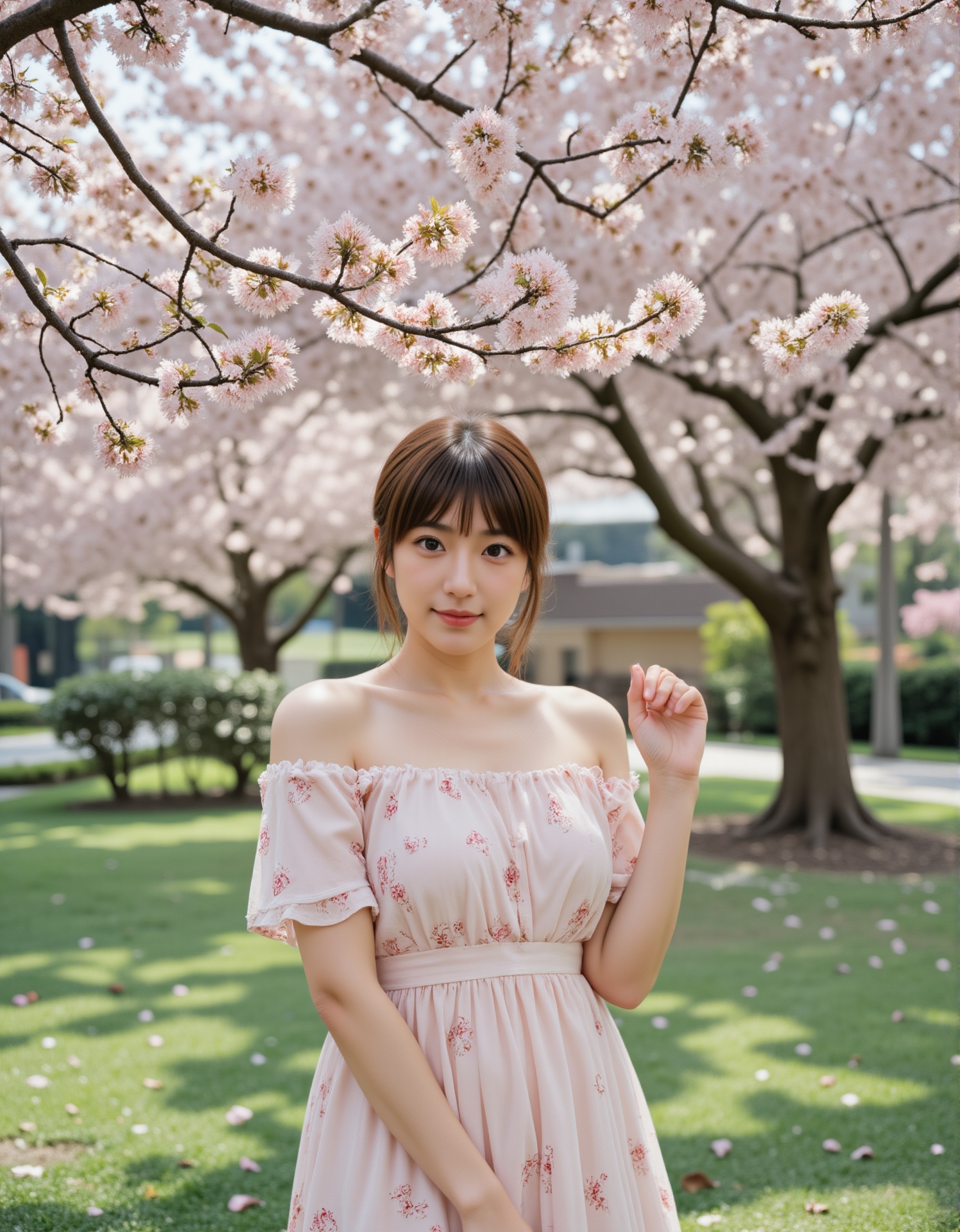 A young woman with long,  straight brown hair and fair skin stands in a park under blooming cherry blossom trees. She is w...