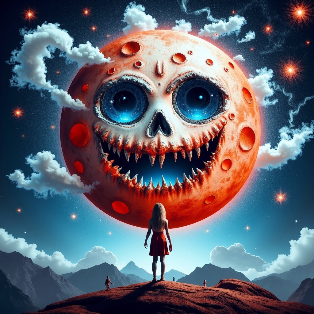 HalloweenGlowStyle Rustic Red themed Full moon with laughing mouth,  Blue and silver color scheme,  Craters as eyes on Ten...