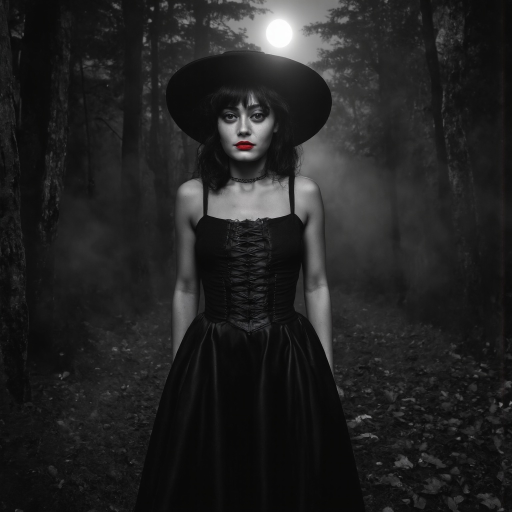 A black and white portrait of ella_purnell in a gothic-inspired setting. She wears a long,  flowing black gown with a cors...
