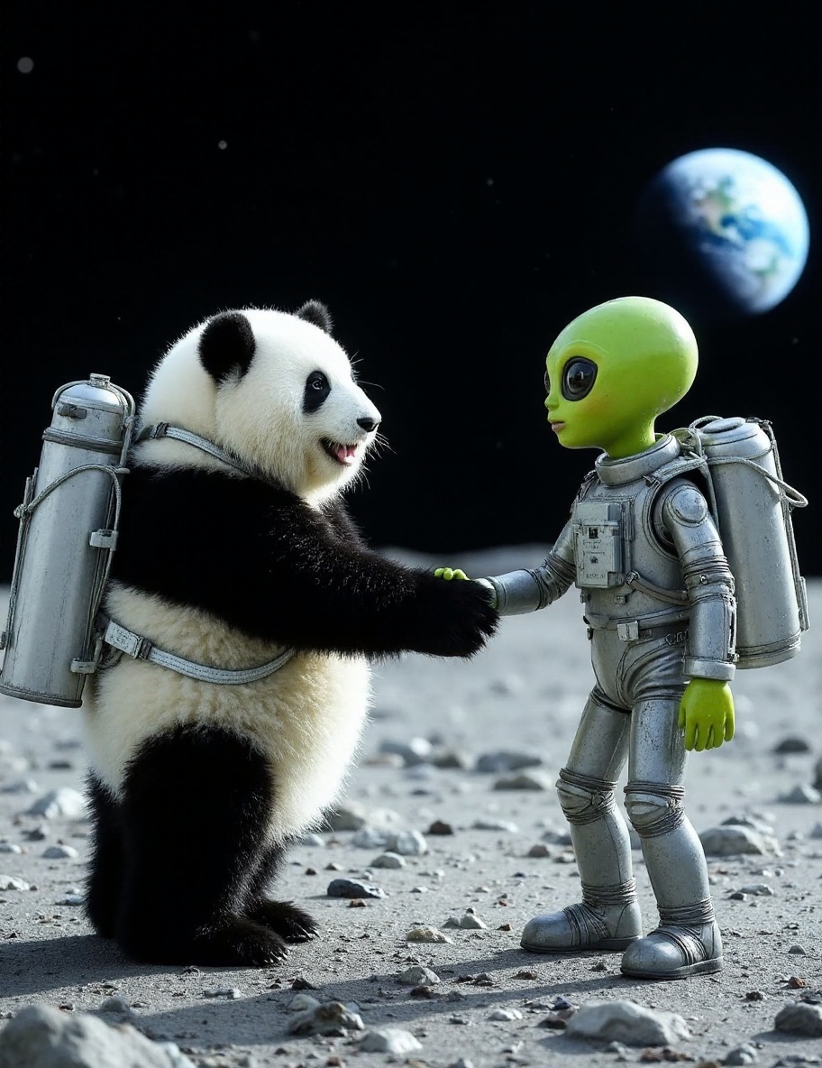 The image is a high-resolution photograph of a **** panda named Huahua,  depicted standing on the surface of the moon. Hua...