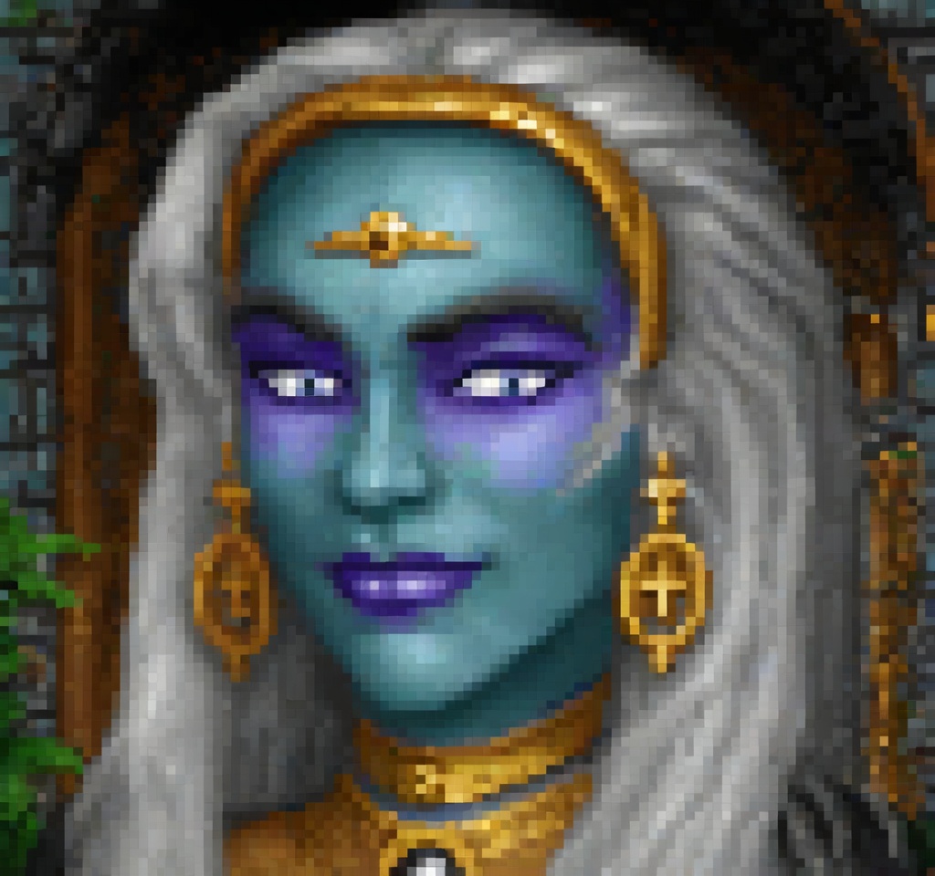 cinematic still Original HoMM2 style portrait of a cute drow dark elf witch with blue skin,  subtle smirk,  and long on Te...