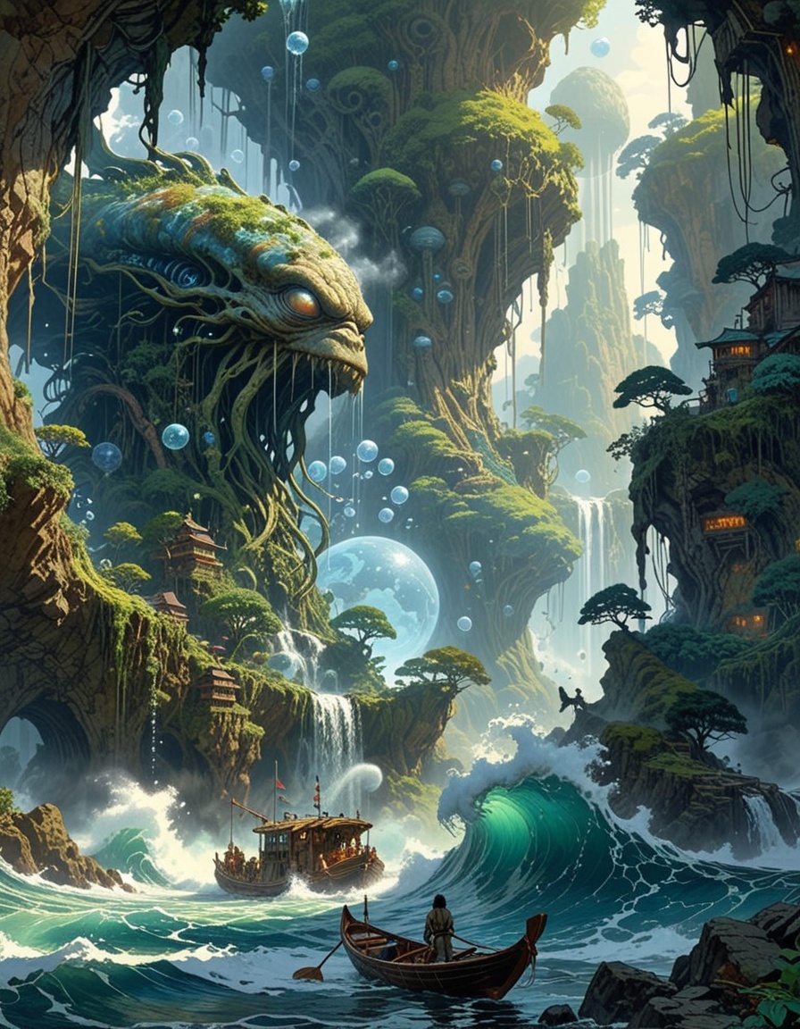 water world wave hitting a science fiction fantasy illustration,  water everywhere,  all around on Tensor.Art