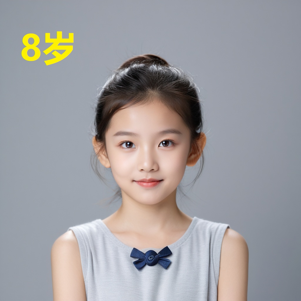leogirl,A 8-year-old woman,portrait photo,facial focus,photo taken,fashionable and simple,Chinese ethnicity,soft gray background,natural lighting,high-resolution clarity,contemporary portrait,gentle,fashionable and avant-garde,simple accessories,details with strong contrast between skin color and neutral background,looking at the audience,