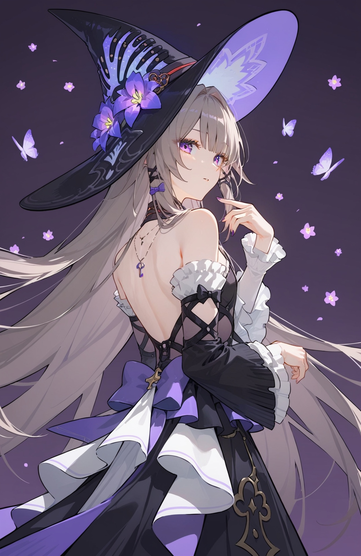 <lora:大黑塔pony:1> theherta, a girl named theherta, 1girl, bare shoulders, witch hat, black headwear, purple flower, hat flower, detached sleeves, black dress, long sleeves, backless dress, frills, bare back, witch, (score_9,score_8_up,score_7_up),(masterpiece,best quality,high quality:1.2),absurdres, prefect lighting, very aesthetic, anime BREAK