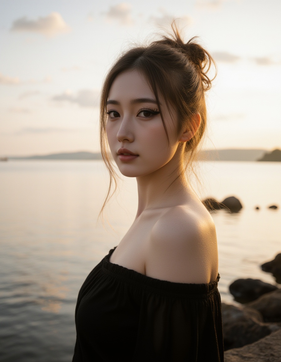 A young woman with fair skin and a slender physique stands by the edge of a body of water,  possibly a lake or sea,  durin...
