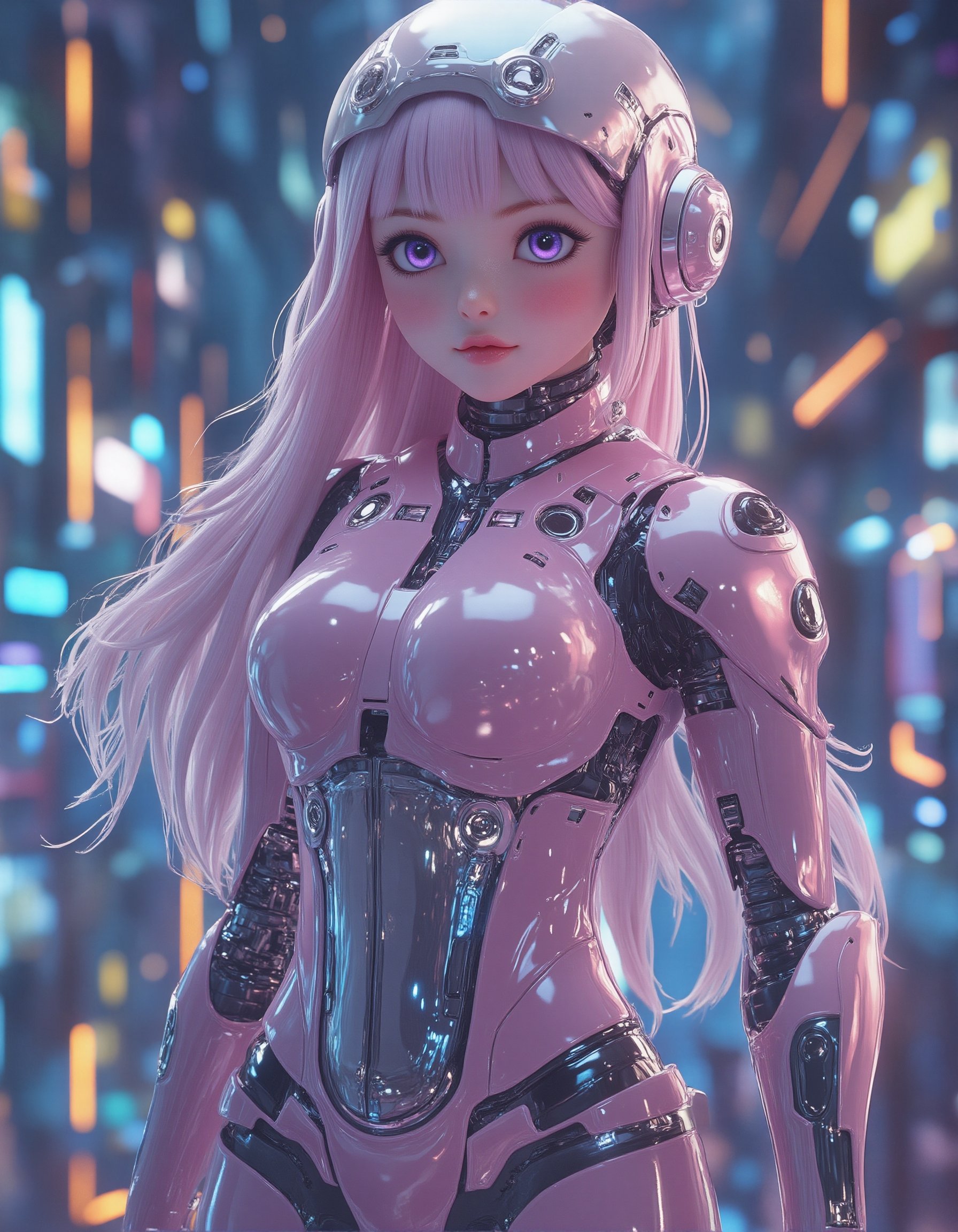 Highly detailed 3D anime-style female character,  wearing advanced pink and silver mecha armor with intricate mechanical c...