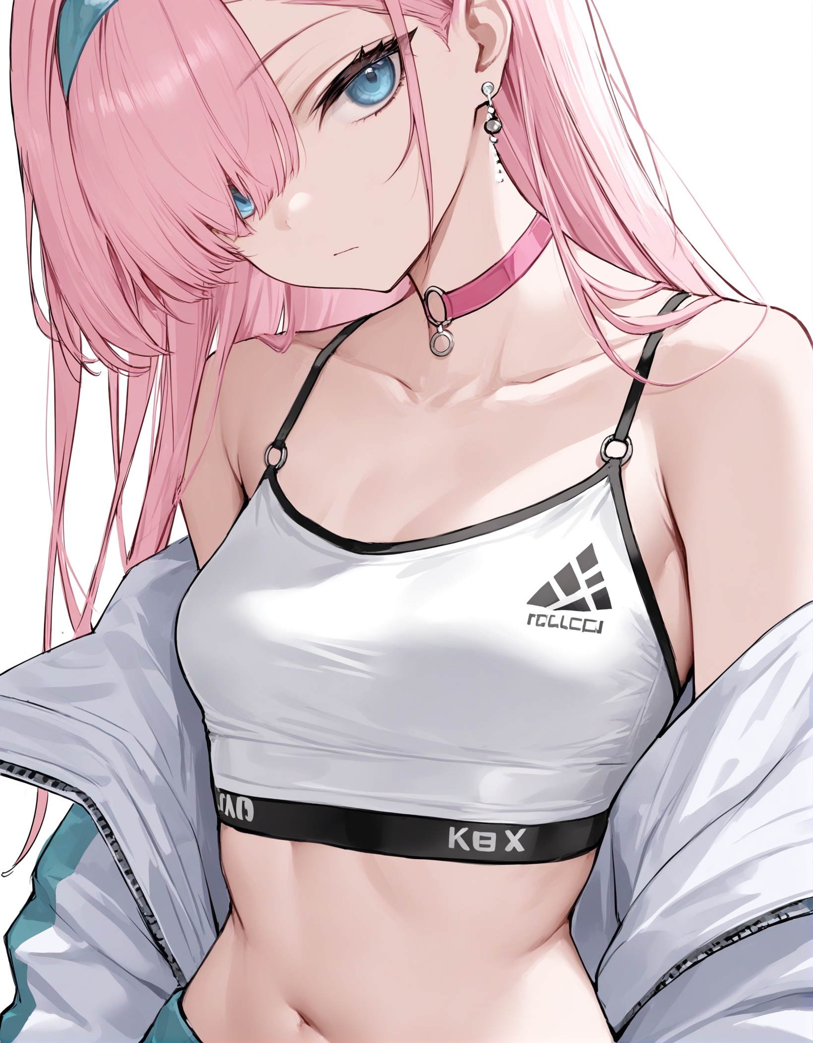 best quality,masterpiece,absurdres,newest,1girl, solo, pink hair, blue eyes, breasts, white background, off shoulder, hairband, jacket, sports bra, choker, looking at viewer, small breasts, simple background, official alternate costume, bare shoulders, white jacket, hair over one eye, pink choker, spaghetti strap, upper body, earrings, jewelry, long hair, collarbone, midriff, navel, open jacket, open clothes, camisole, bangs, o-ring choker, closed mouth, stomach, o-ring, ,