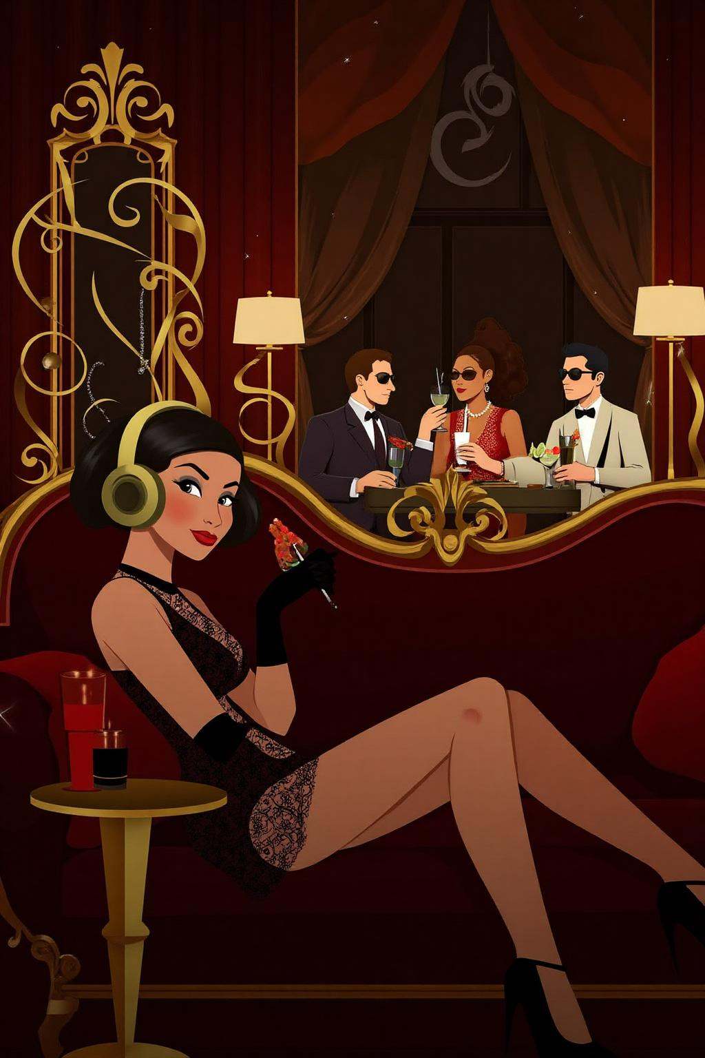 vector art. A luxurious,  dimly lit lounge set in 1970s Italy,  exuding vintage charm and opulence. A stylish young woman...