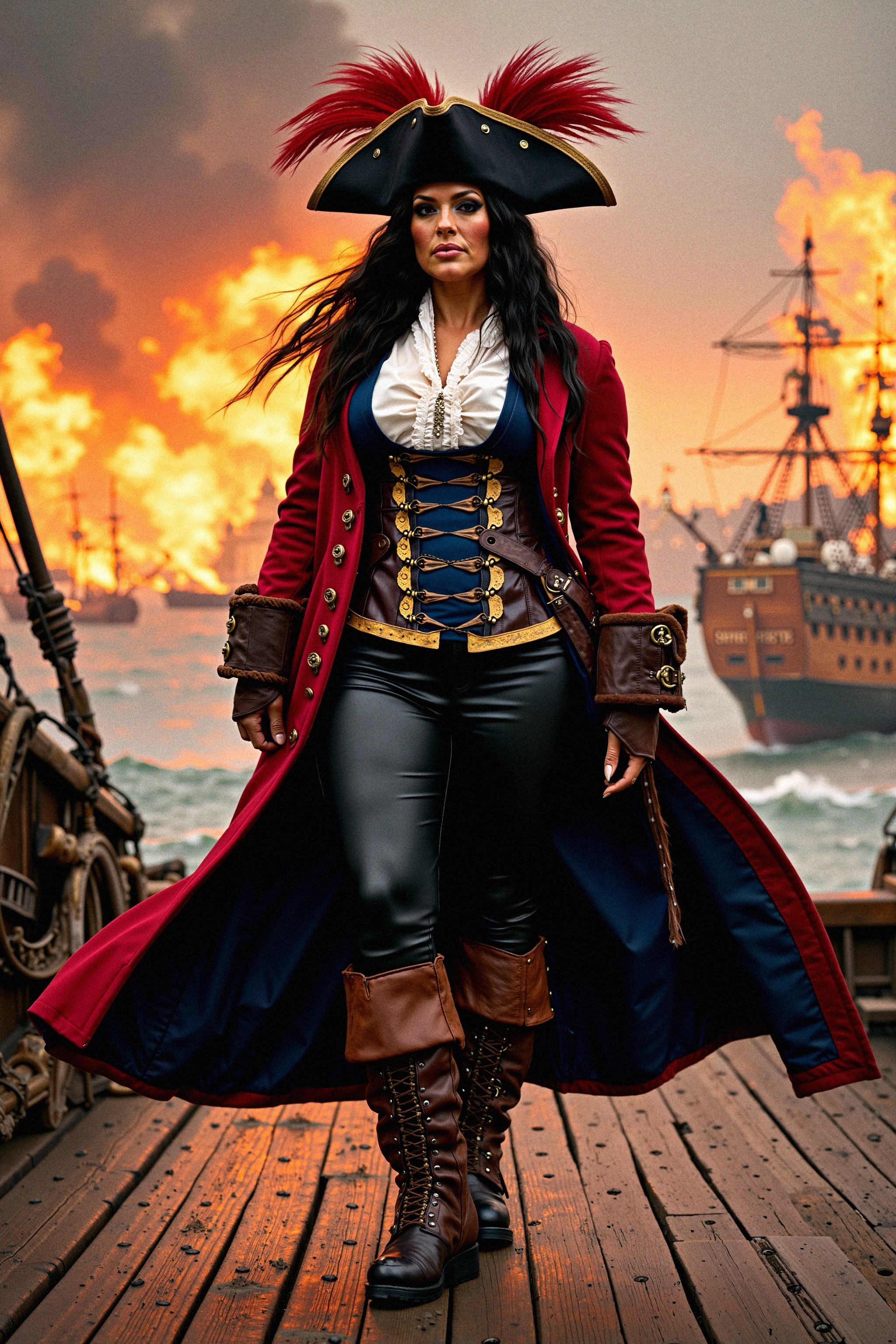 A full body shot of a fierce woman pirate captain wearing an ornate tricorn hat with gold trim and red feathers. Her outfi...
