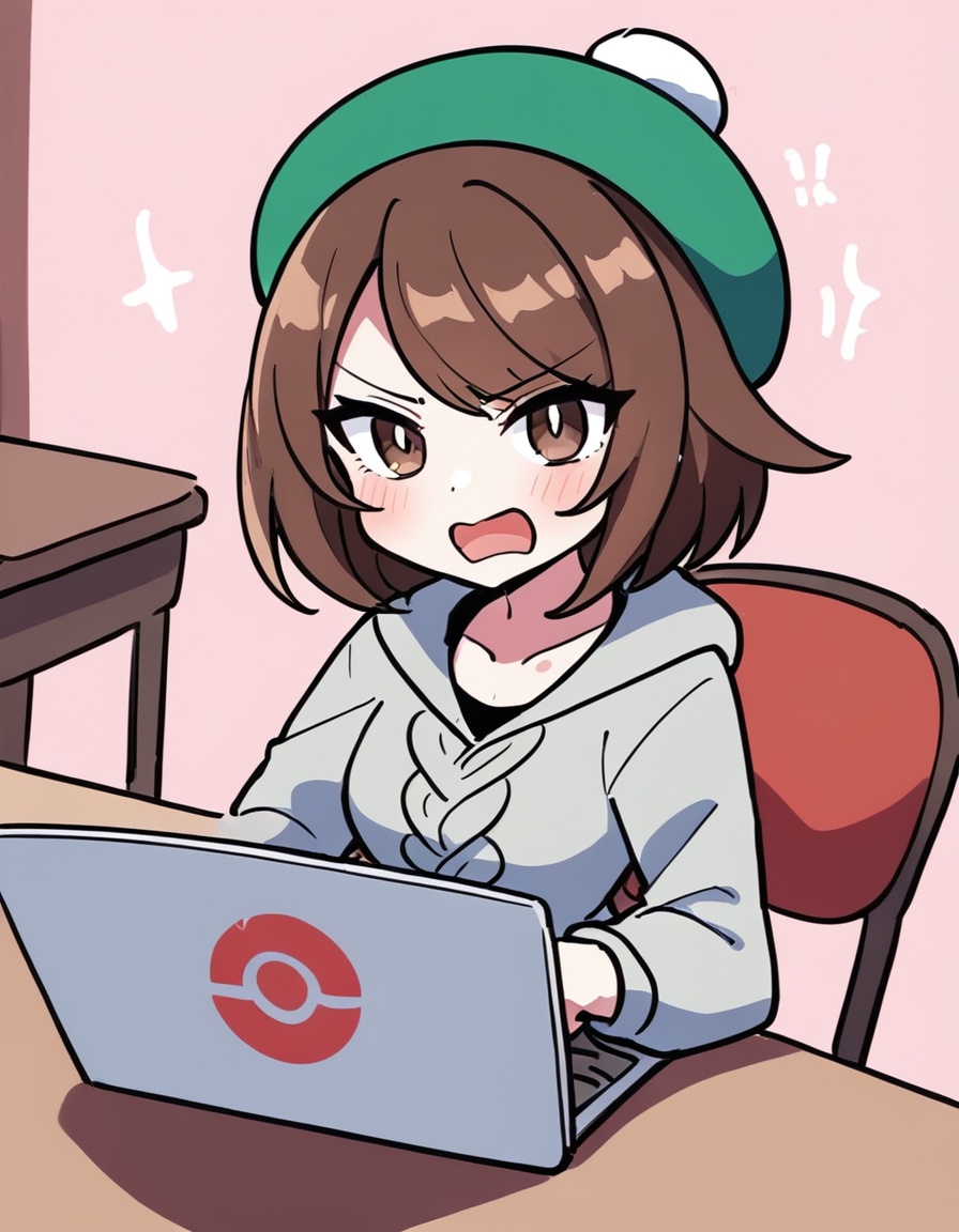 zmgwshnmspfd, 1girl, gloria \(pokemon\), pokemon,zmgwshnmspfd, brown hair, brown eyes, bangs, short hair, green headwear, hat, bob cut, laptop, grey cardigan, smile, blush, computer, dress, chair, collarbone, :d, swept bangs, tam o' shanter logo, tam o' shanter, upper body, open mouth, indoors, red dress, holding, pink background, table, hooded cardigan, solo, holding laptop, cable knit, looking at viewer, sitting, cardigan, long sleeves, eyelashes<lora:zmgwshnmspfd:1>​​​
