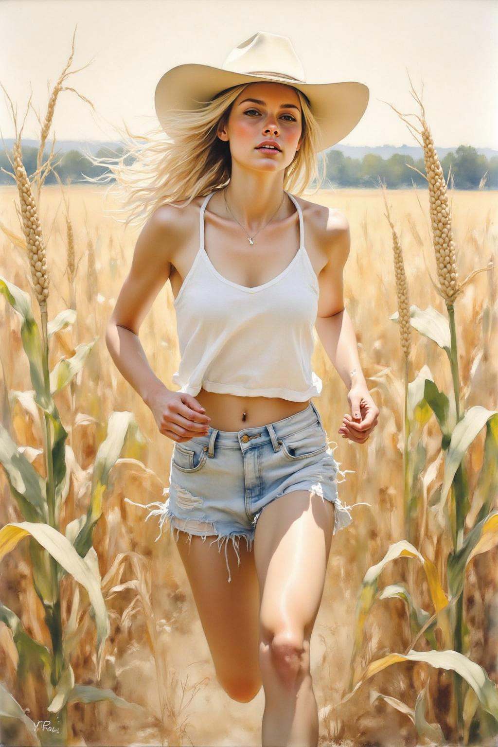 yawc1 watercolor of a blonde cowgirl in white short shorts running in a corn field on Tensor.Art