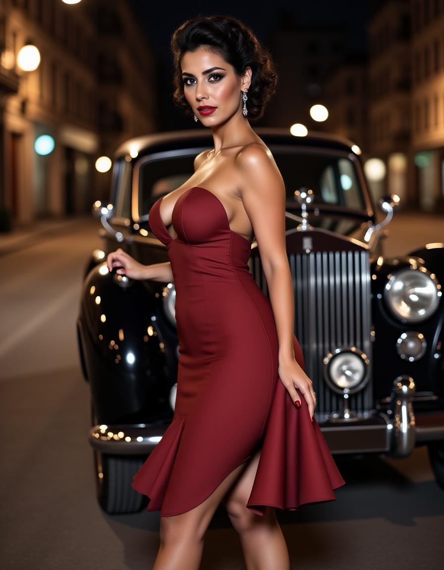 smile lines,  short black pixie hair,  A professional photograph of woman having an old style Hollywood glamour photoshoot...