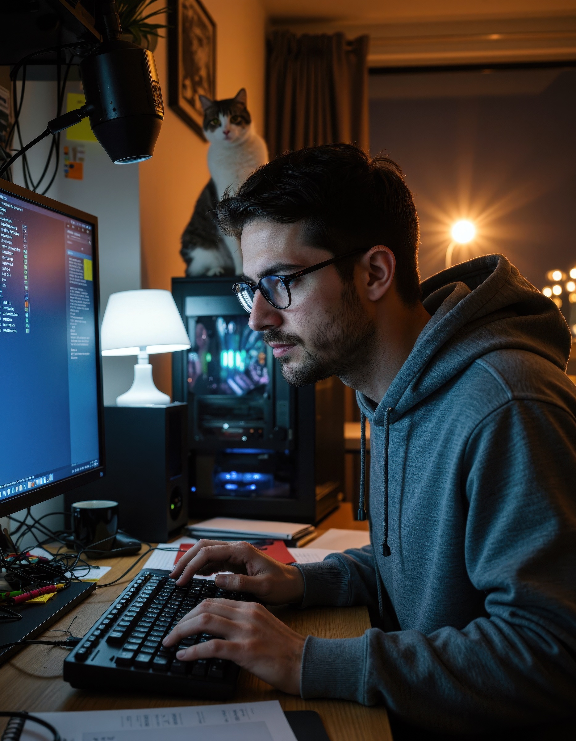 a man with light stubble and short dark hair wearing a hoodie and glasses,  seated at a cluttered home office desk at nigh...