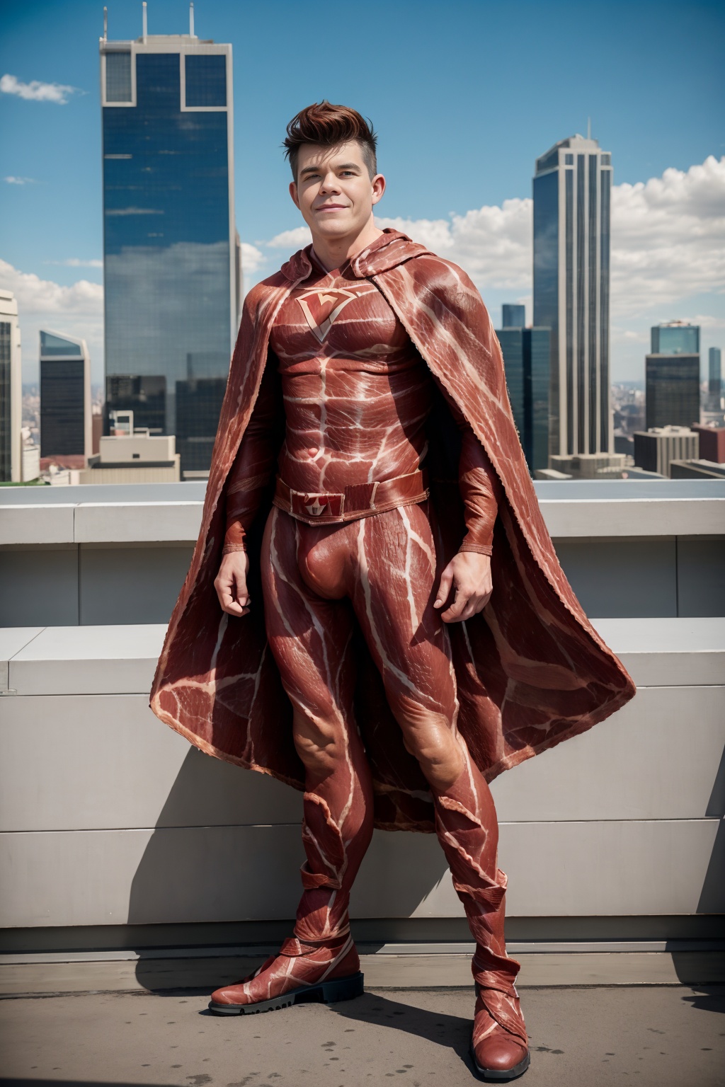 standing on roof of tall building,  cityscape in background,  DrakeVon wearing (b33f bacon superhero suit) on Tensor.Art