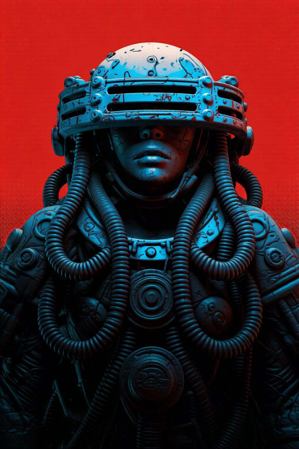 pascalblanche2q illustration.A humanoid figure with a highly detailed design. The figure is wearing a helmet that covers t...