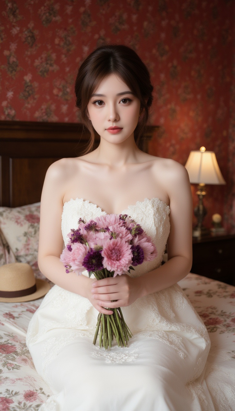 A high-quality photograph of a young woman with fair skin and delicate features,  wearing a strapless white wedding dress...