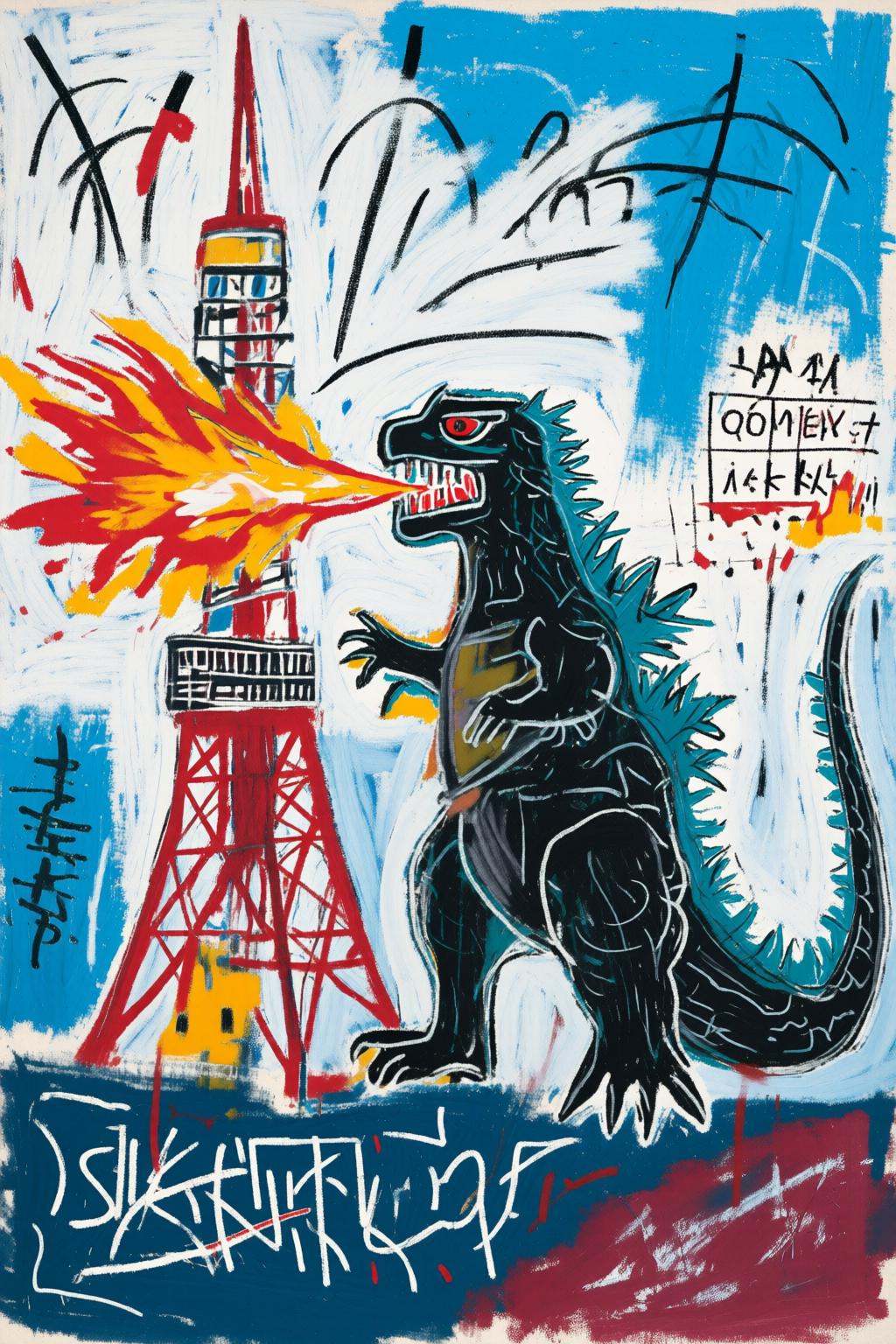 jeanmichelbasquiat2q painting.Godzilla standing beside Tokyo tower,  breathing fire on Tensor.Art