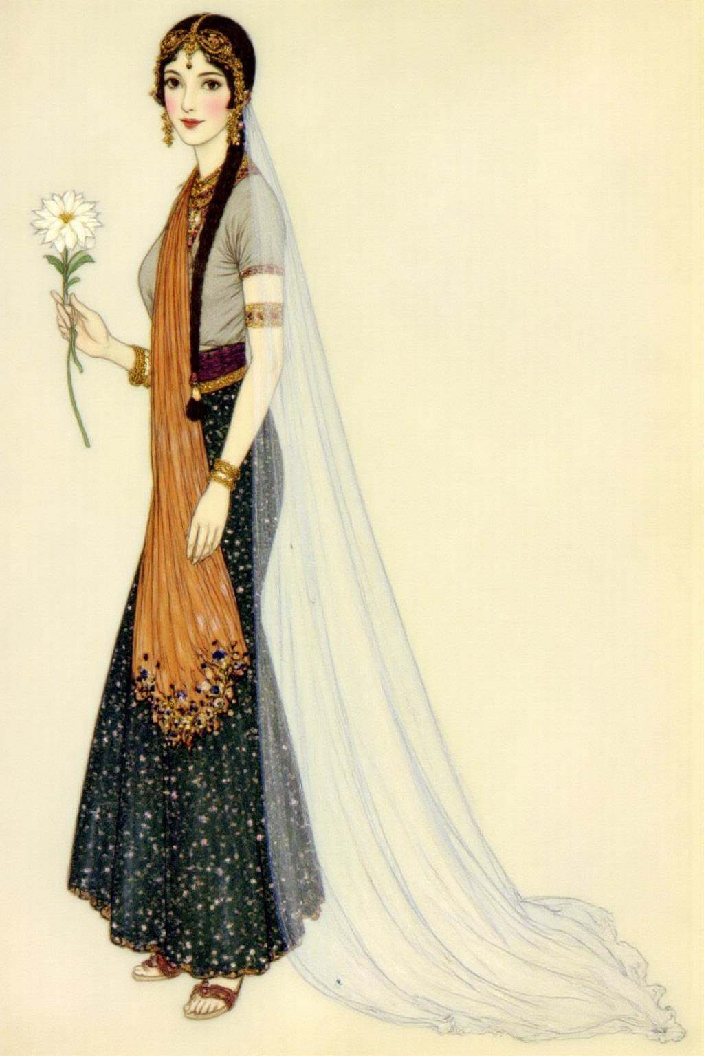 dulac1 illustration. A Middle Eastern or Persian woman is standing in a flowing,  elegant pose,  holding a white flower in...