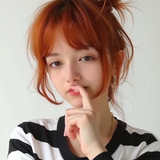 edgy touch to her look. She has on black and white striped,  tousled manner. They have a playful,  tousled brown hair with...