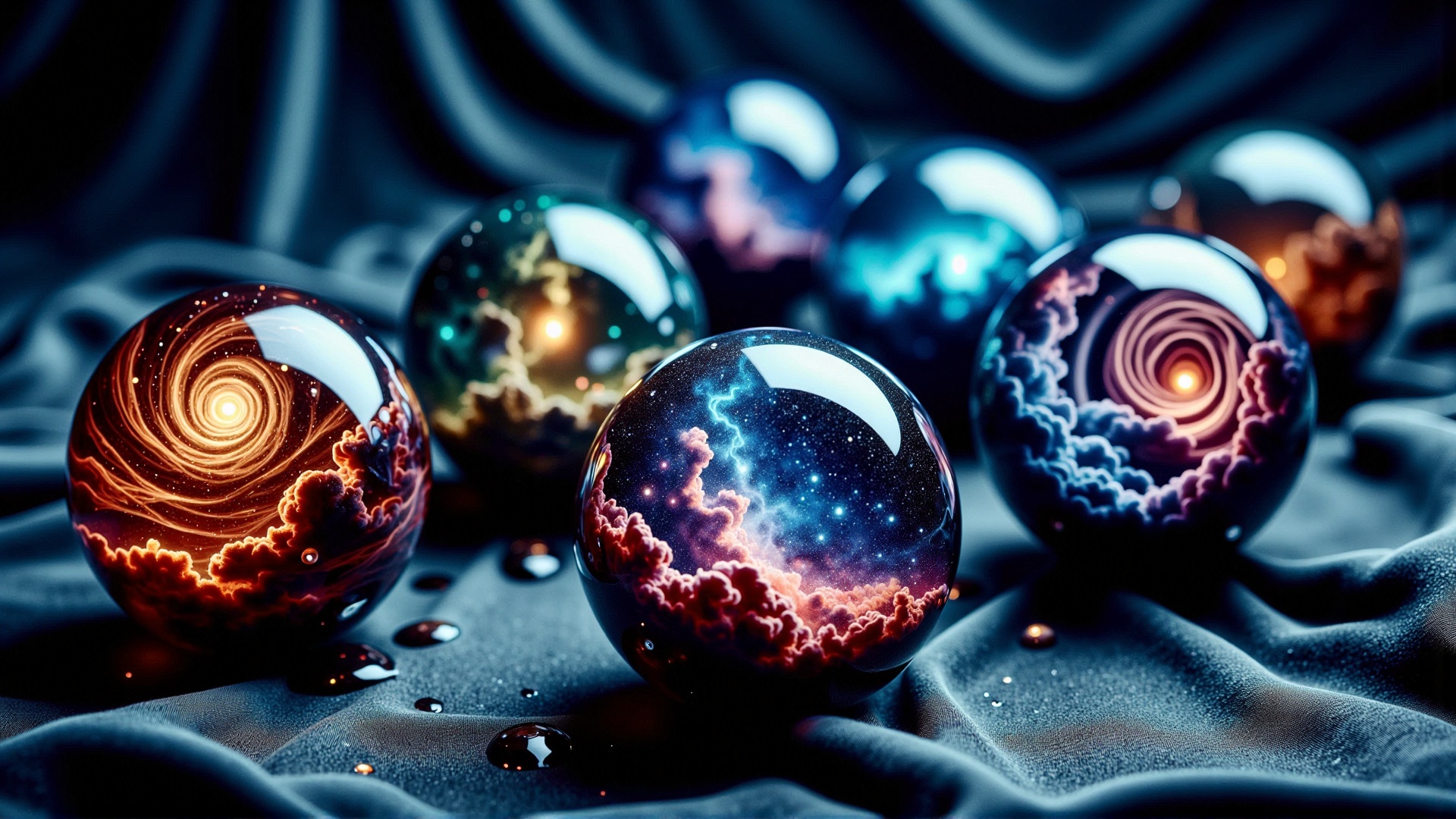 A stunning horror professional photography,  realistic photo of a dark cursed blood wet Five fragile glass orbs,  intricat...