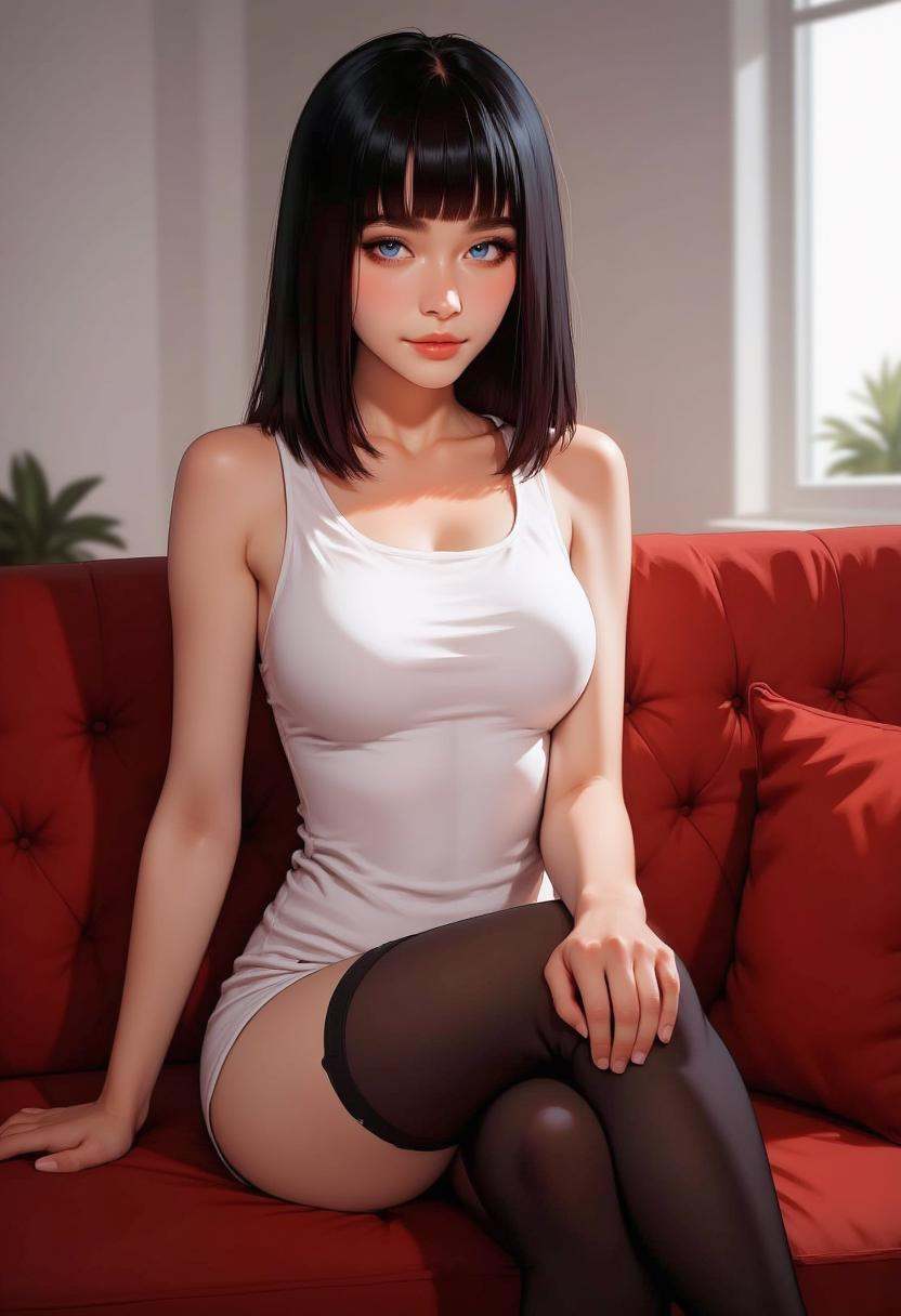 A young woman sitting on a red couch. She is wearing a white crop top,  blue shorts,  and black thigh-high stockings. She...