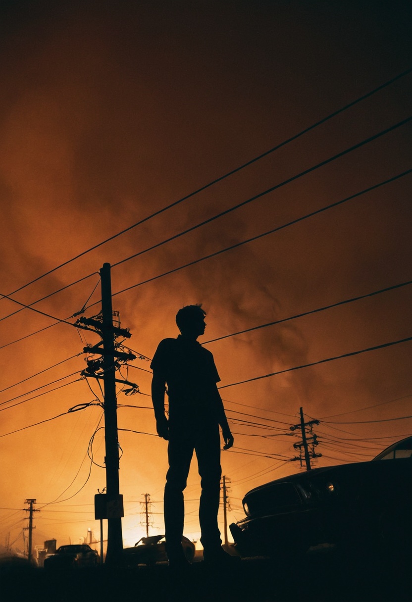 A cinematic wide shot captures a lone figure in silhouette standing against an apocalyptic orange sky filled with smoke or...