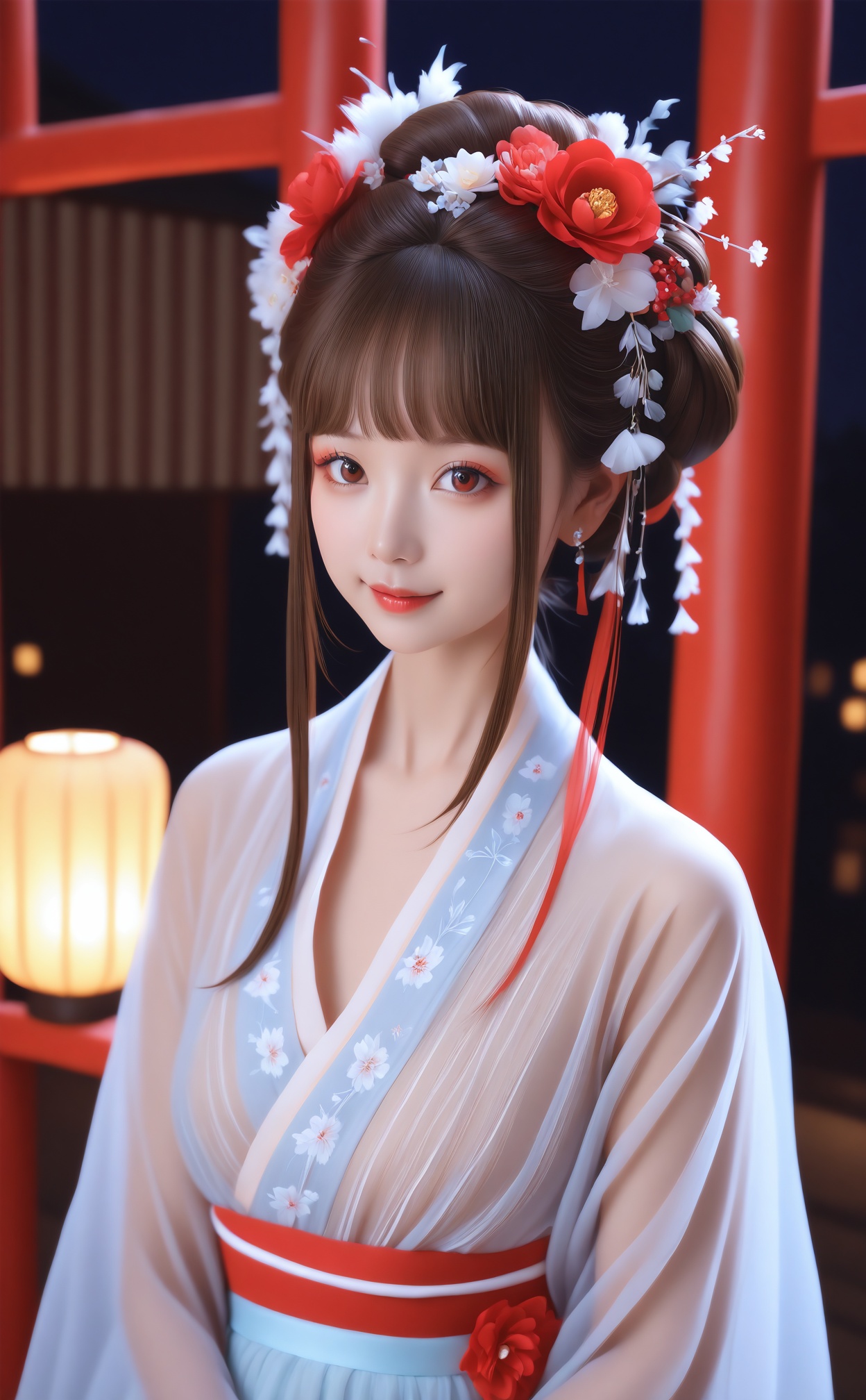 masterpiece,best quality,high quality,1girl,flower,hair ornament,solo,hanfu,hair flower,brown hair,earrings,smile,jewelry,upper body,paper lantern,looking at viewer,lantern,floral print,blurry,realistic,blurry background,closed mouth,brown eyes,blunt bangs,red eyes,sash,red flower,camellia,kanzashi,lips,red lips,makeup,depth of field,see-through,obi,east asian architecture,night,sidelocks,hair bun,nose,architecture,