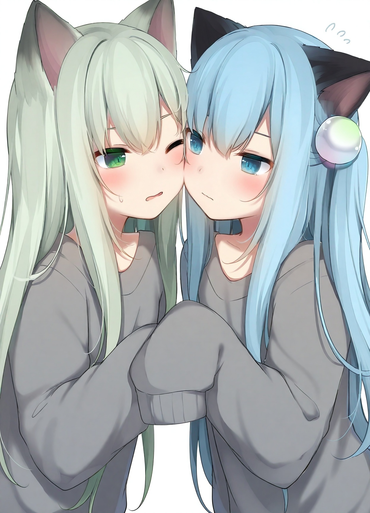 masterpiece, amashiro_natsuki, suichan_\(amashiro_natsuki\) or nekohashizuku_\(amashiro_natsuki\), sleeves_past_wrists, multiple_girls, animal_ears, 2girls, green_eyes, blue_hair, blue_eyes, long_hair, one_eye_closed, white_background, long_sleeves, hair_between_eyes, flying_sweatdrops, parted_lips, bangs, cat_ears, shirt, simple_background, upper_body, grey_shirt, green_hair, cropped_torso, blush, sleeves_past_fingers, heads_together, hair_ornament, grey_sweater, wavy_mouth, very_long_hair, cheek-to-cheek, one_side_up, hand_up