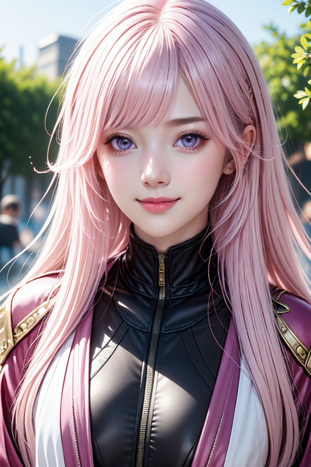 thin, slim, beautiful girl, light pink hair, white skin, purple eyes, jacket, messy hair, upper body, close up, smirk, outdoors,