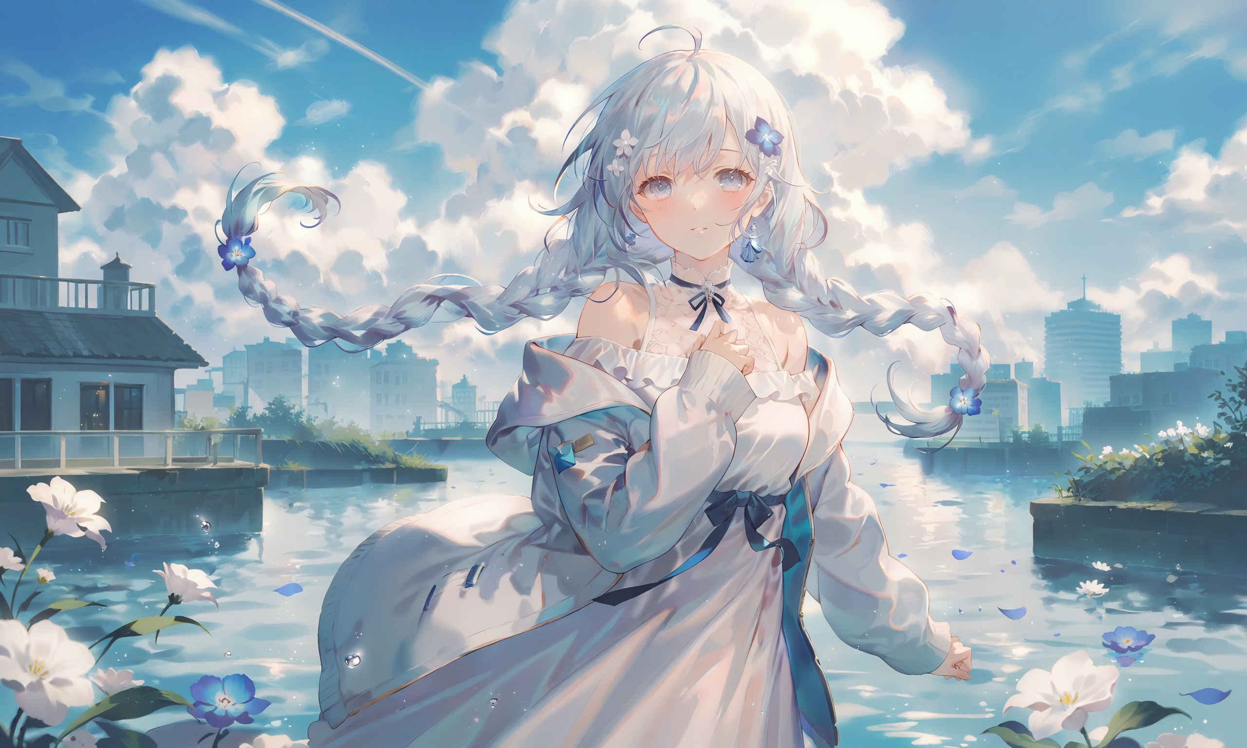 1girl, solo, flower, long hair, braid, cloud, sky, virtual youtuber, outdoors, blue eyes, dress, floating hair, ahoge, off shoulder, white flower, white dress, blue hair, sleeves past wrists, jacket, hair ornament, looking at viewer, white hair, long sleeves, cloudy sky, parted lips, white jacket, twin braids, building, earrings, jewelry, tears, water, open clothes, blue flower very aesthetic, masterpiece, absurdres