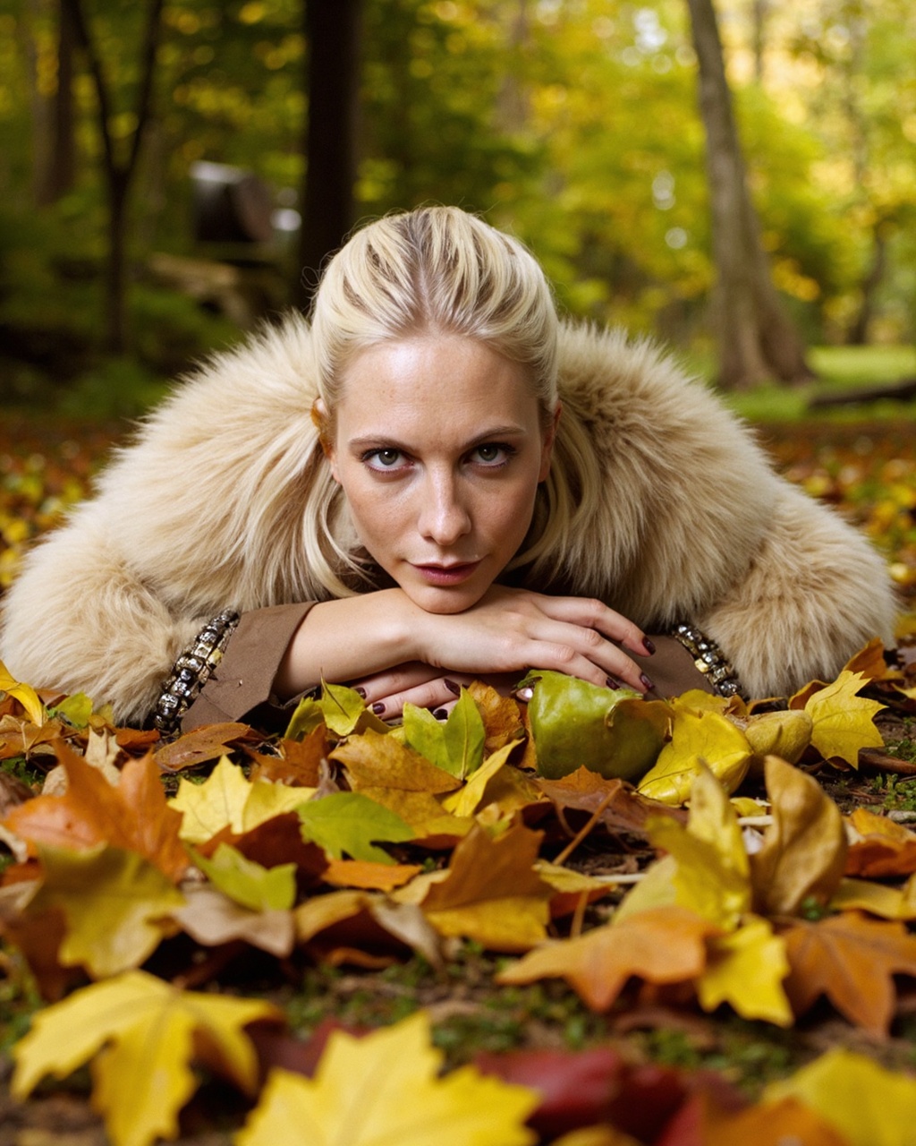 A high-resolution photograph capturing poppy_delevingne lying on a bed of autumn leaves in a forest setting. poppy_delevin...
